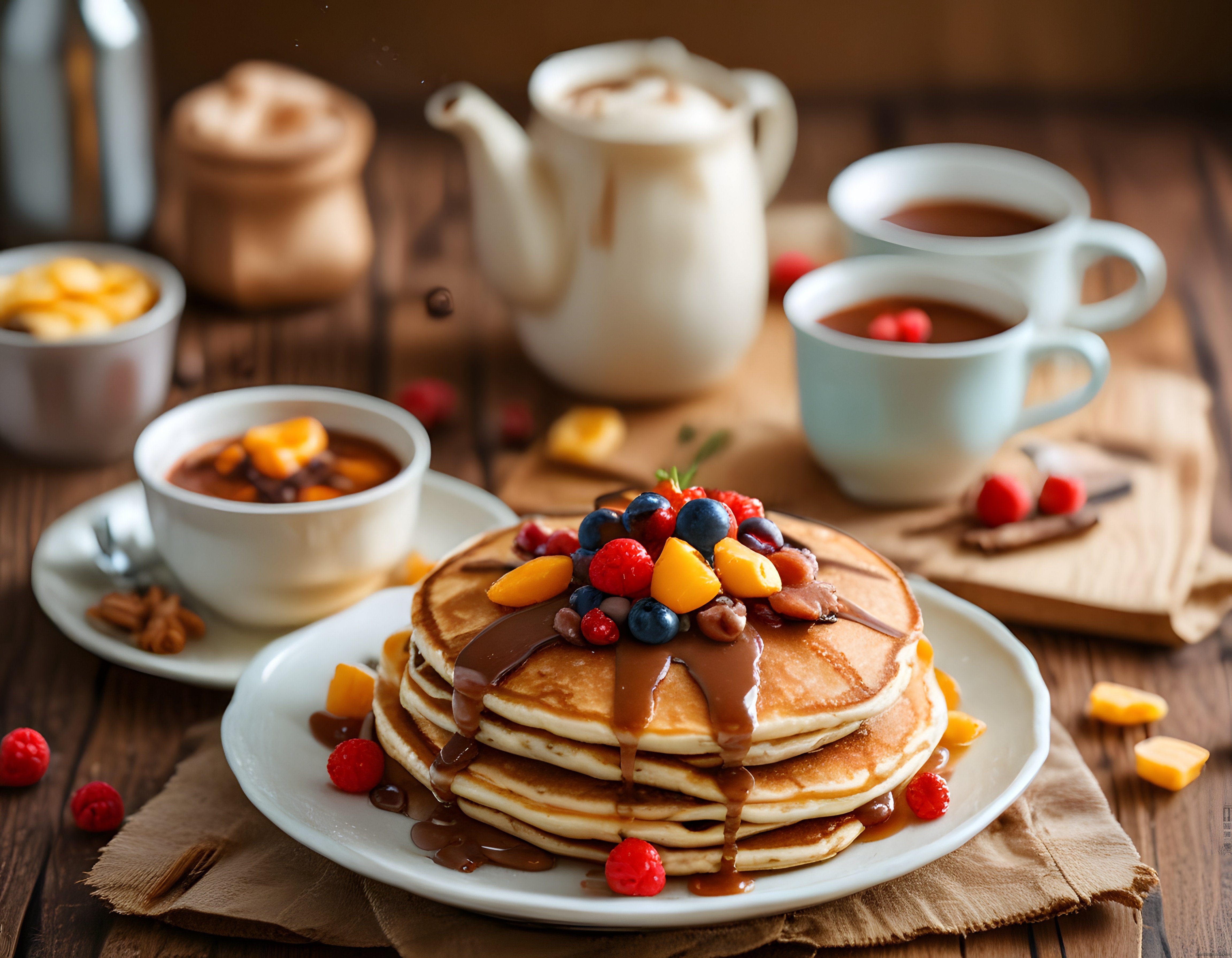 Rustik Ahşap Masada Çikolata Soslu Meyveli Pancake ve Sıcak Kahve Eşliğinde Kahvaltı