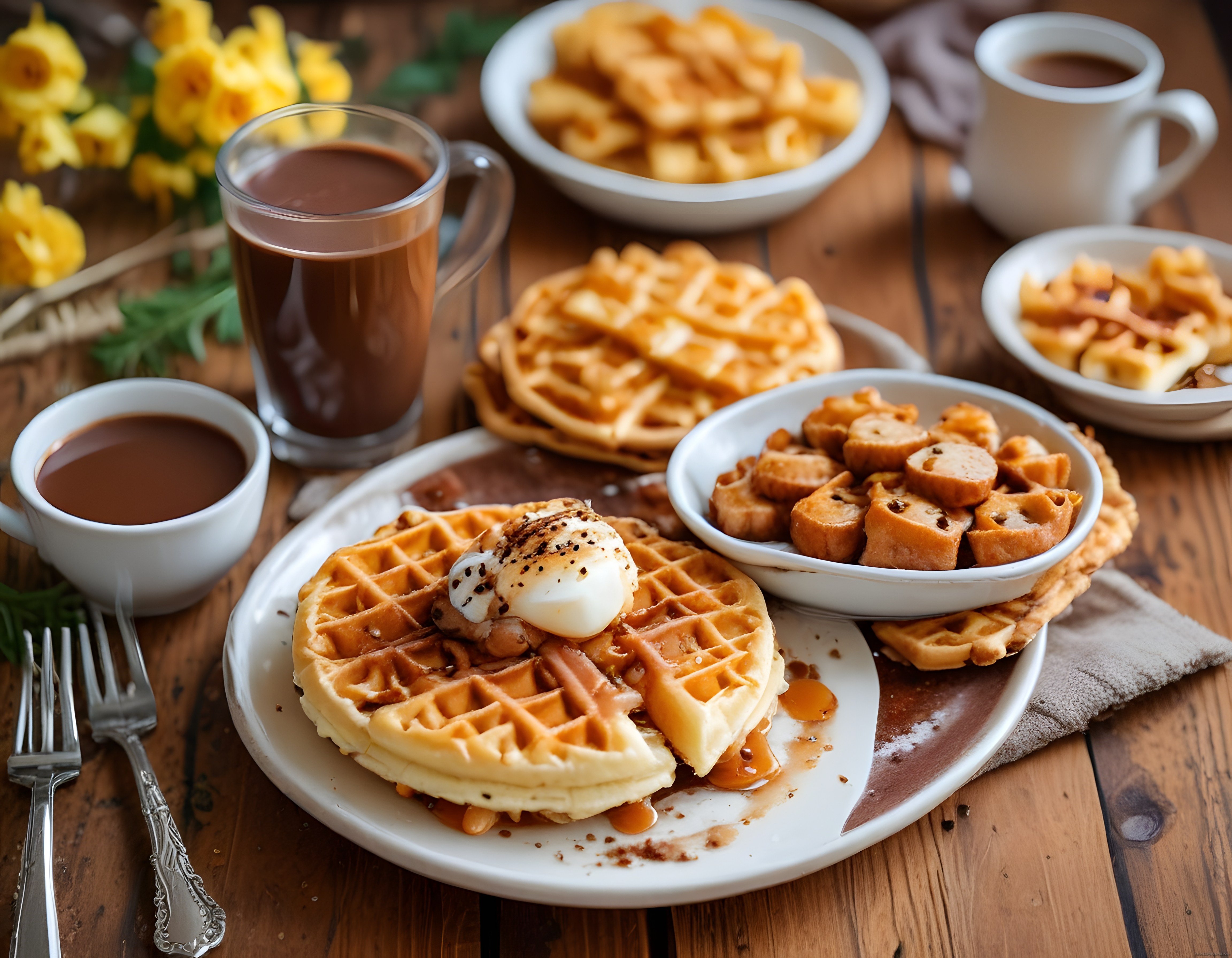 Rustik Ahşap Masada Çikolata Soslu ve Taze Muzlu Waffle Kahvaltısı