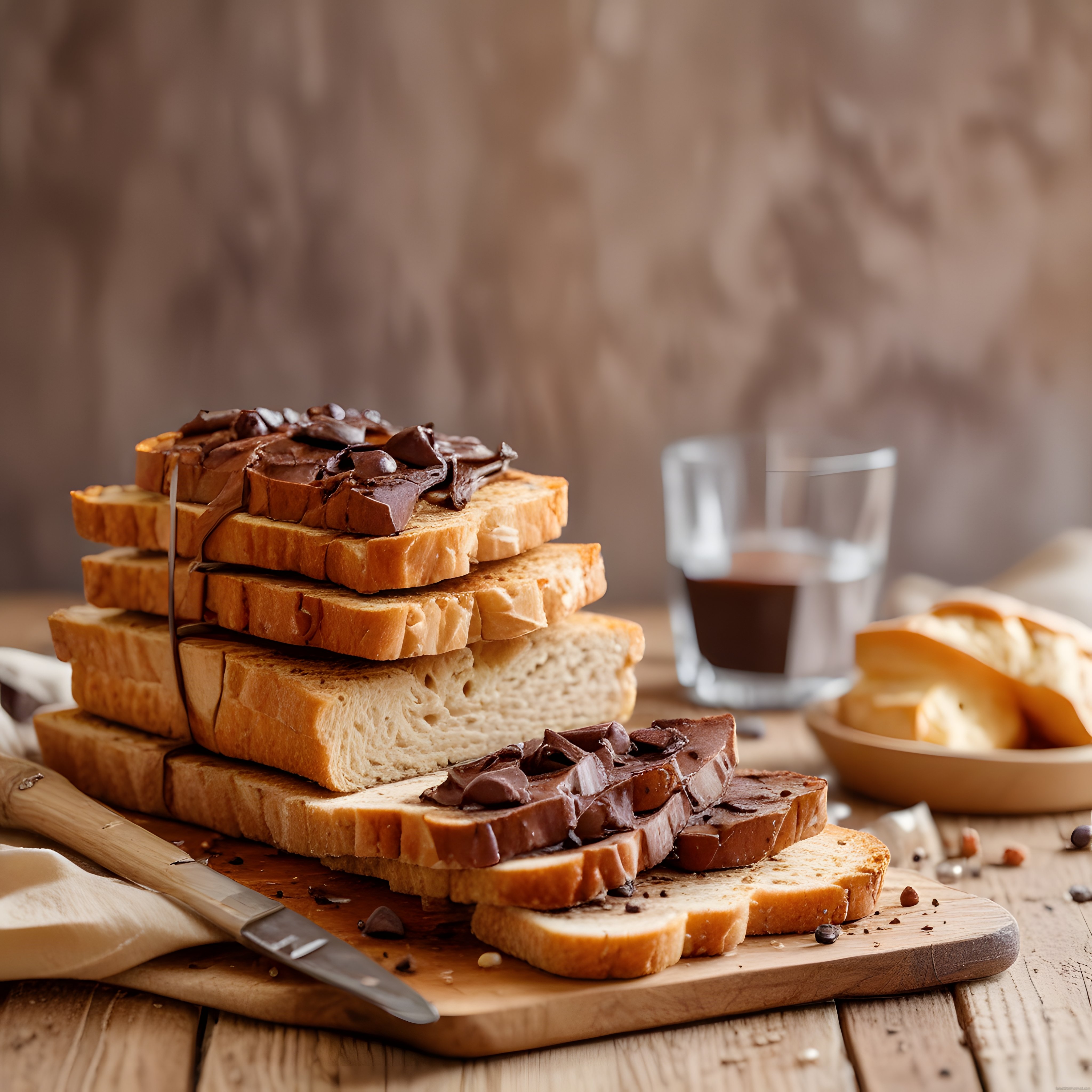 Rustik Ahşap Masada Çikolatalı Tost Ekmeği ve Kahvaltı Sunumu