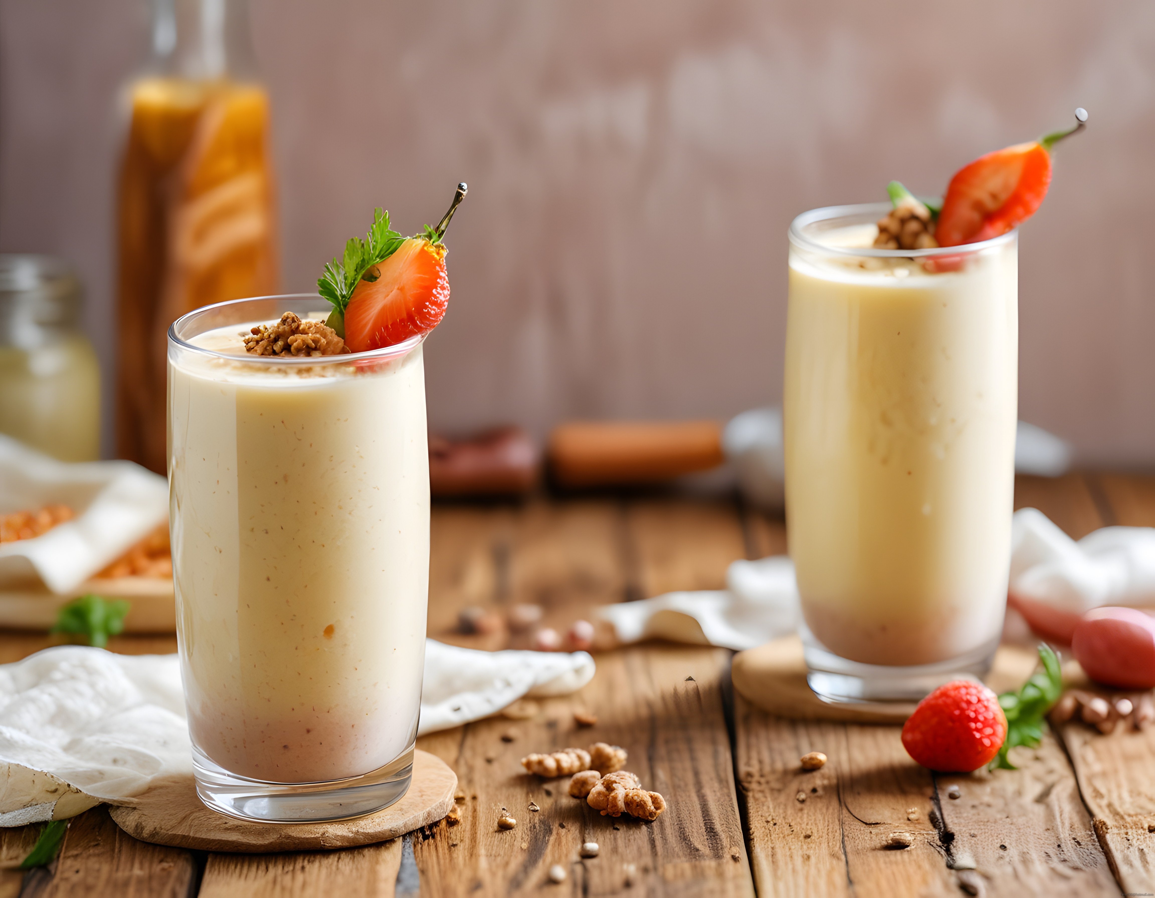 Rustik Ahşap Masada Çilek ve Fındıkla Süslenmiş Kremalı Smoothie Bardakları