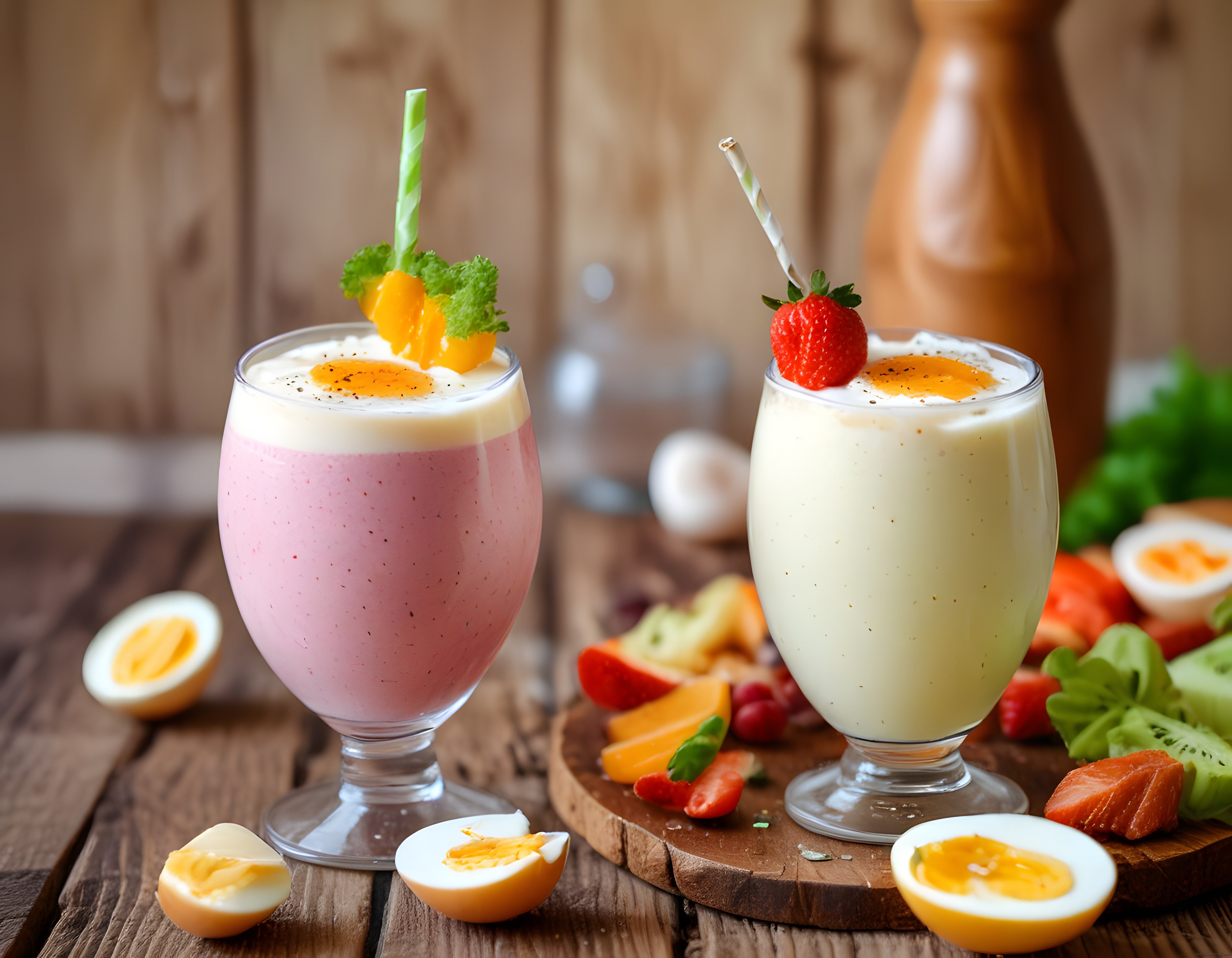 Rustik Ahşap Masada Çilekli ve Kremalı Smoothie Kahvaltı Sunumu