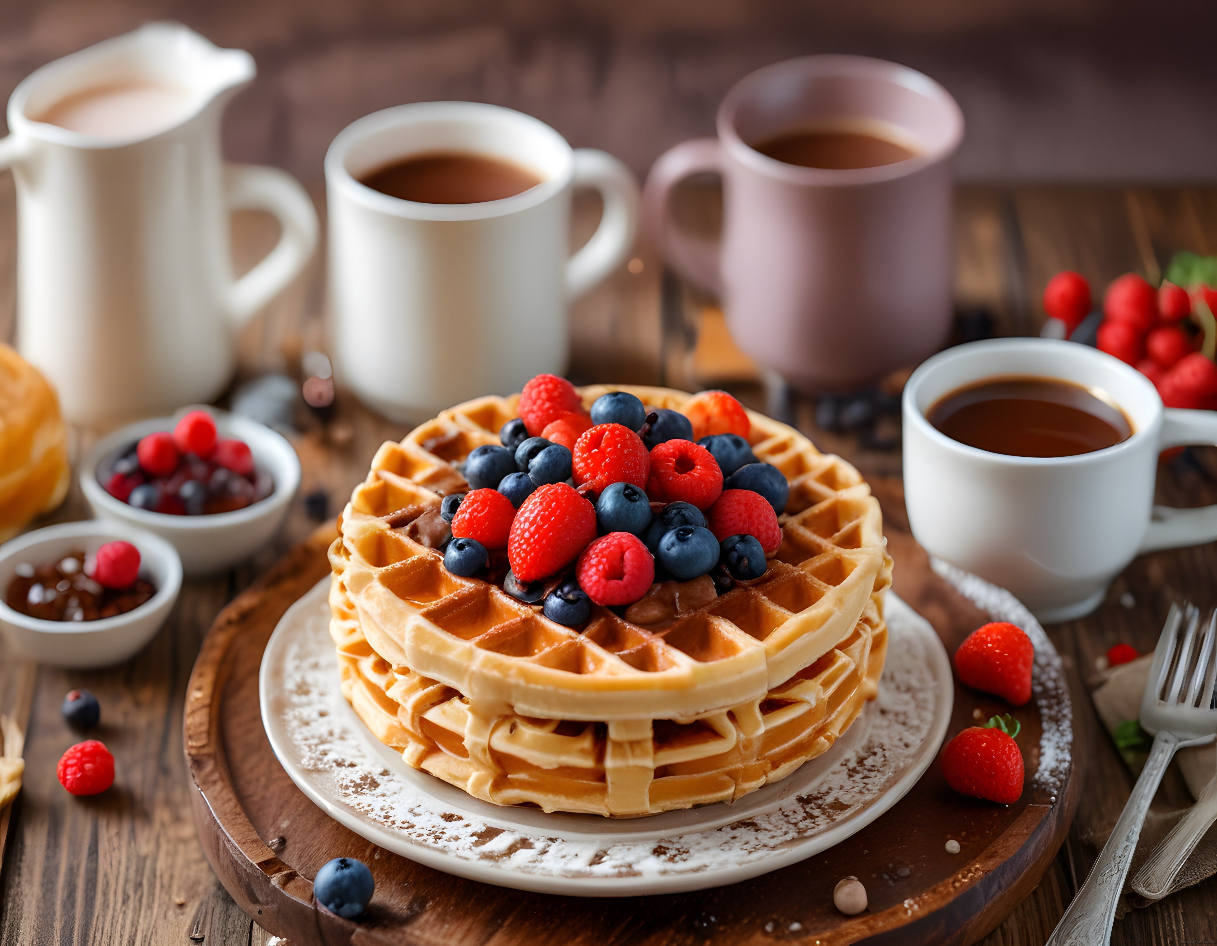 Rustik Ahşap Masada Çilekli Yaban Mersinli Waffle ve Sıcak Kahvaltı Sunumu