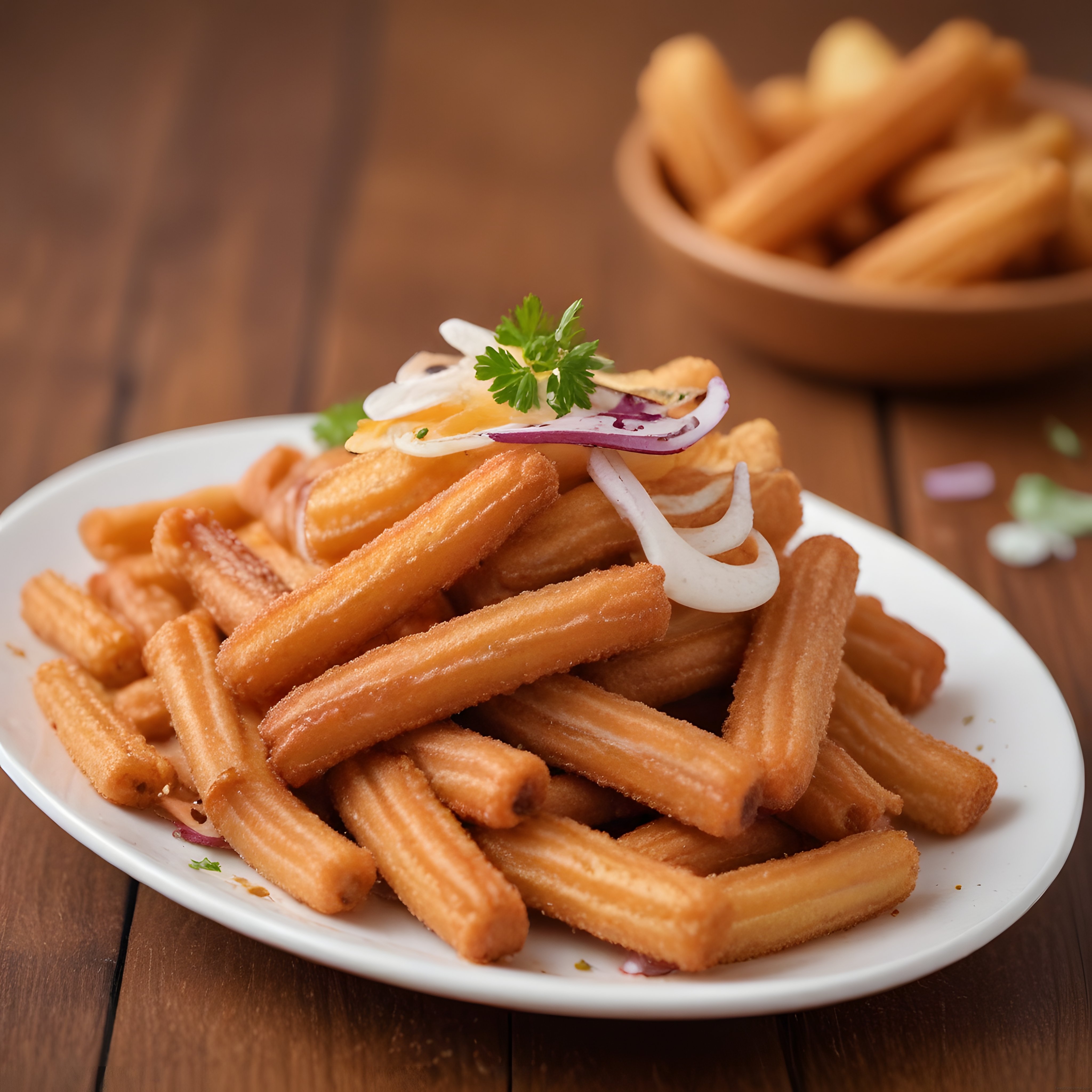 Rustik Ahşap Masada Çıtır Churros ve Soğanlı Nefis Lezzet Tabağı
