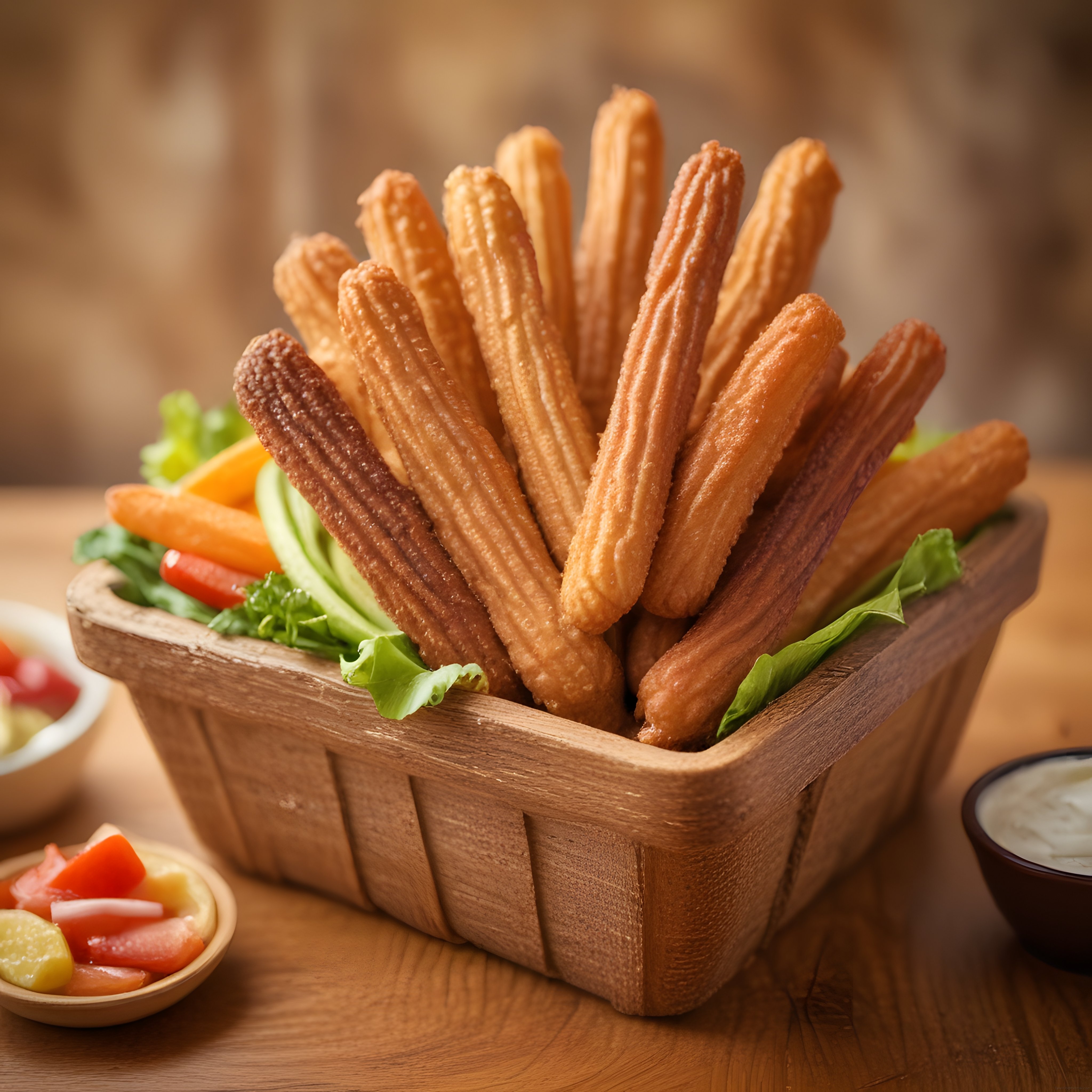 Rustik Ahşap Masada Çıtır Churros ve Taze Sebze Garnitürlü Sunum