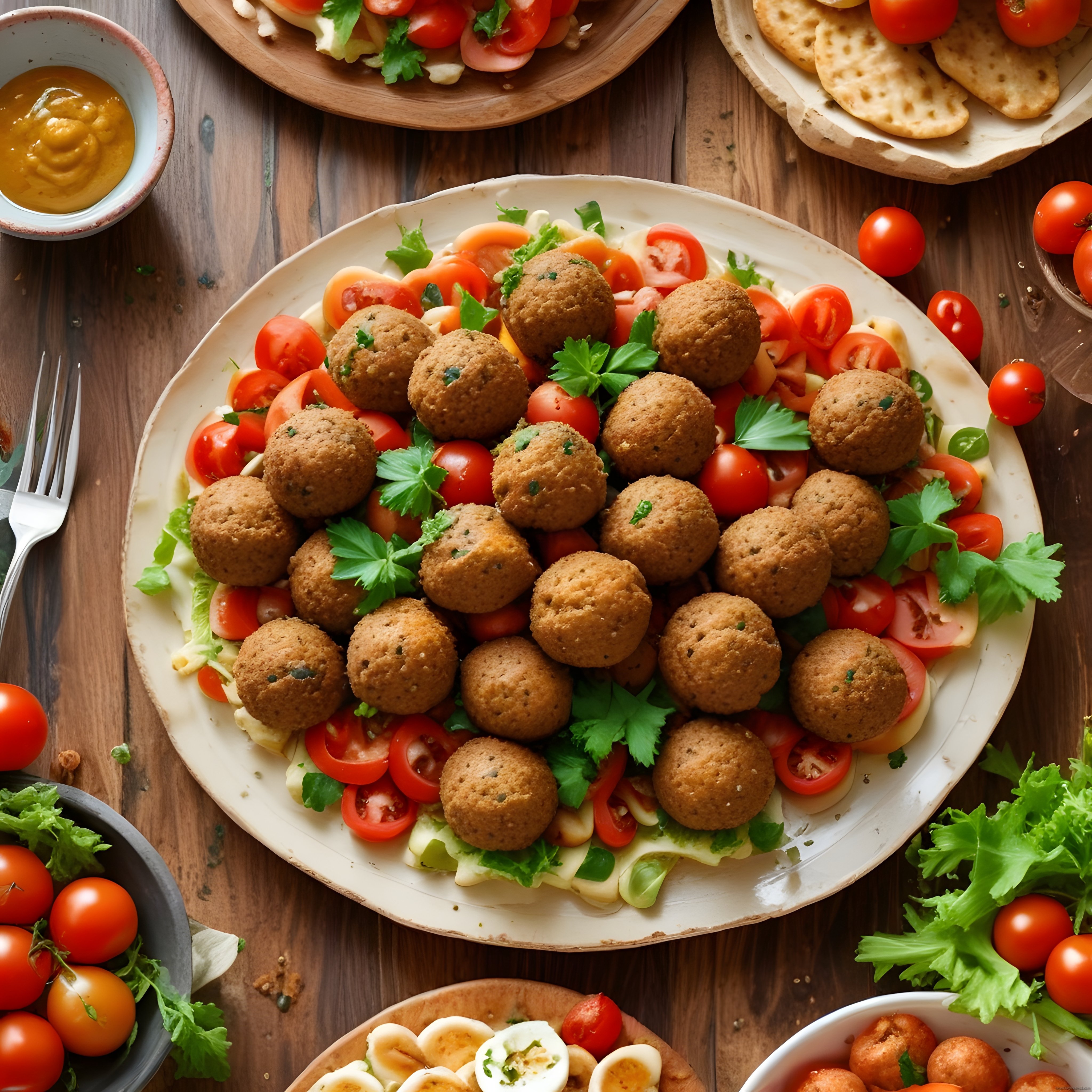 Rustik Ahşap Masada Çıtır Falafel ve Taze Sebzelerle Renkli Sunum