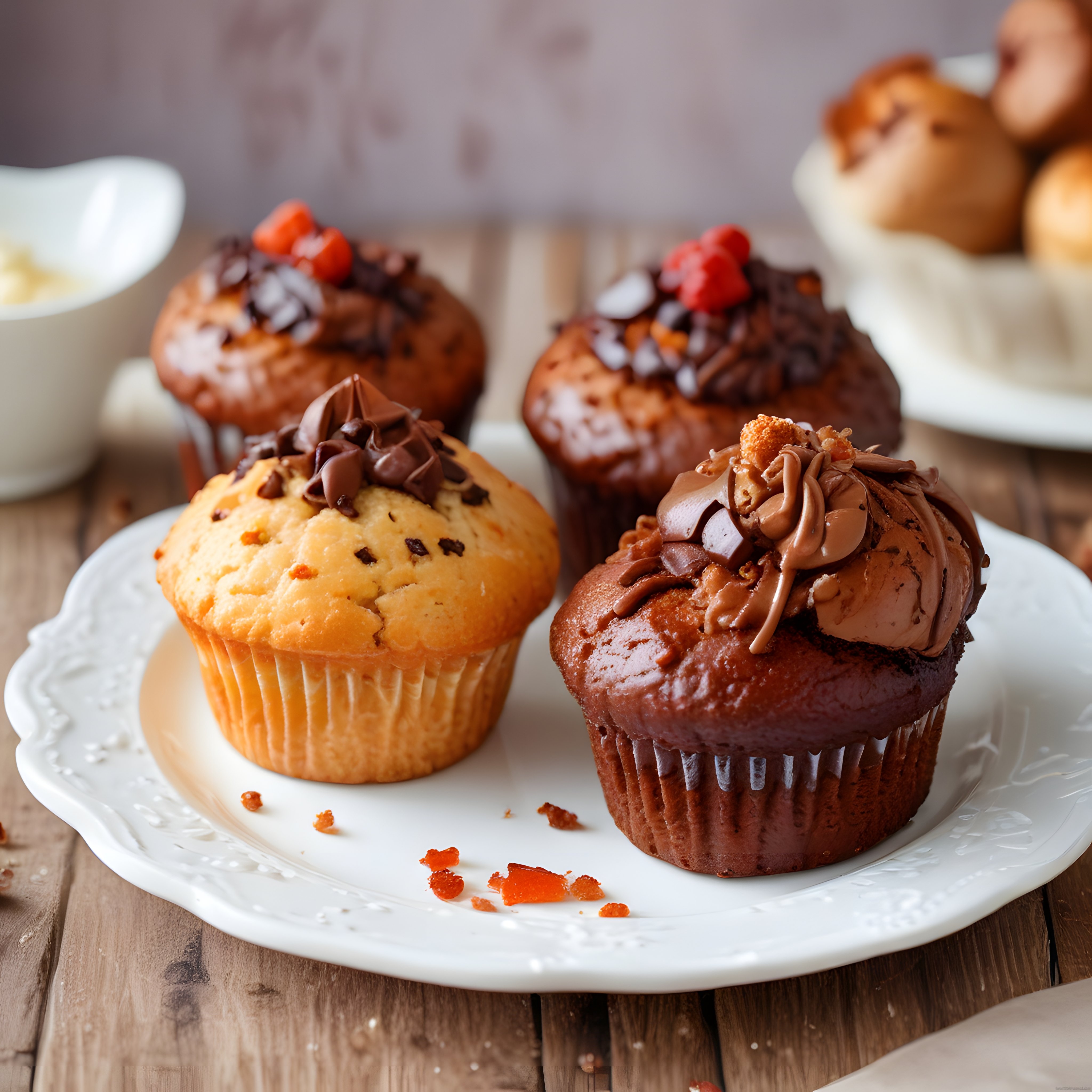 Rustik Ahşap Masada Dekoratif Çikolatalı Muffin ve Cupcake Sunumu