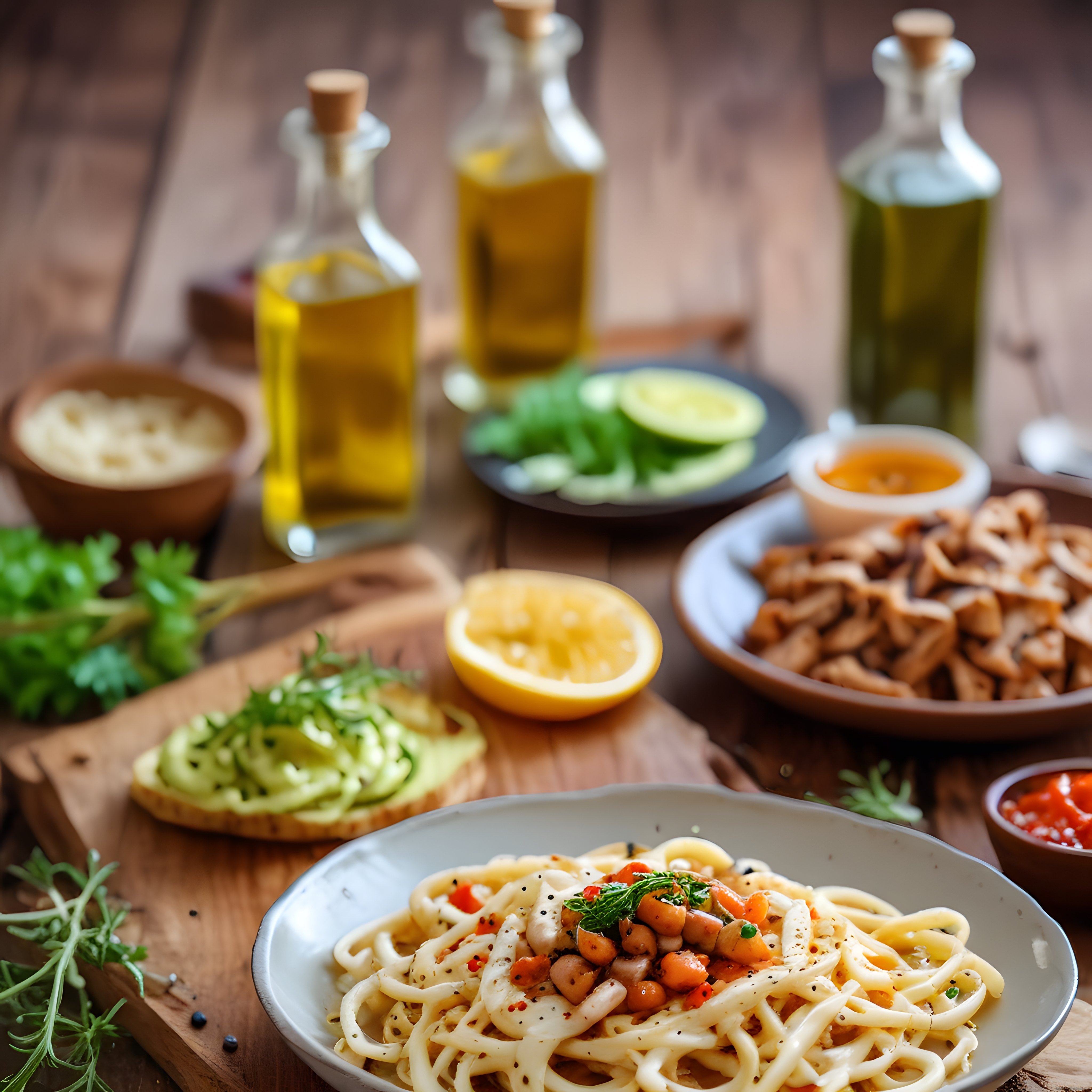 rustik ahşap masada deniz mahsullü spagetti ve taze otlarla zengin masa düzeni