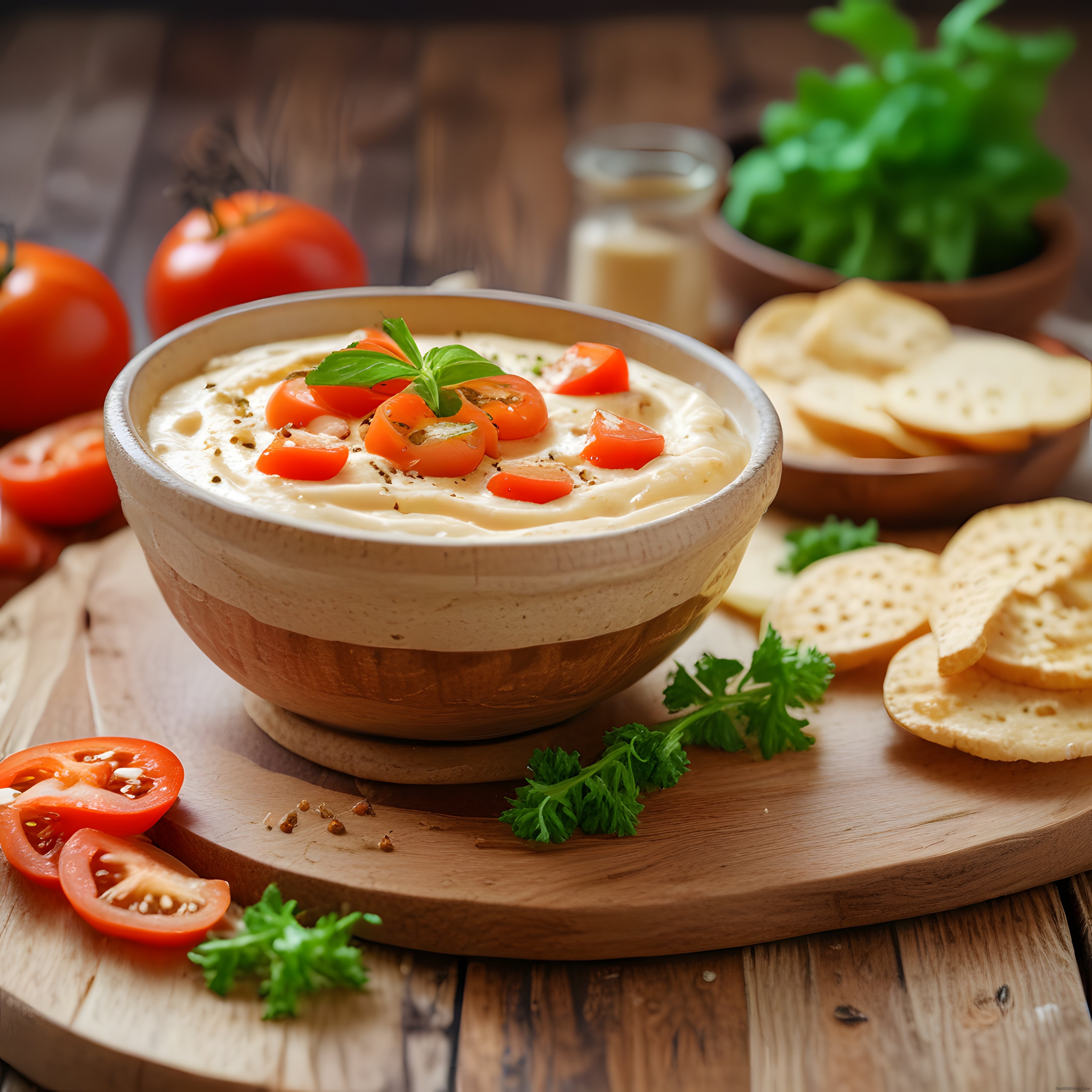 Rustik Ahşap Masada Domates ve Fesleğenli Kahvaltılık Dip Sos Sunumu