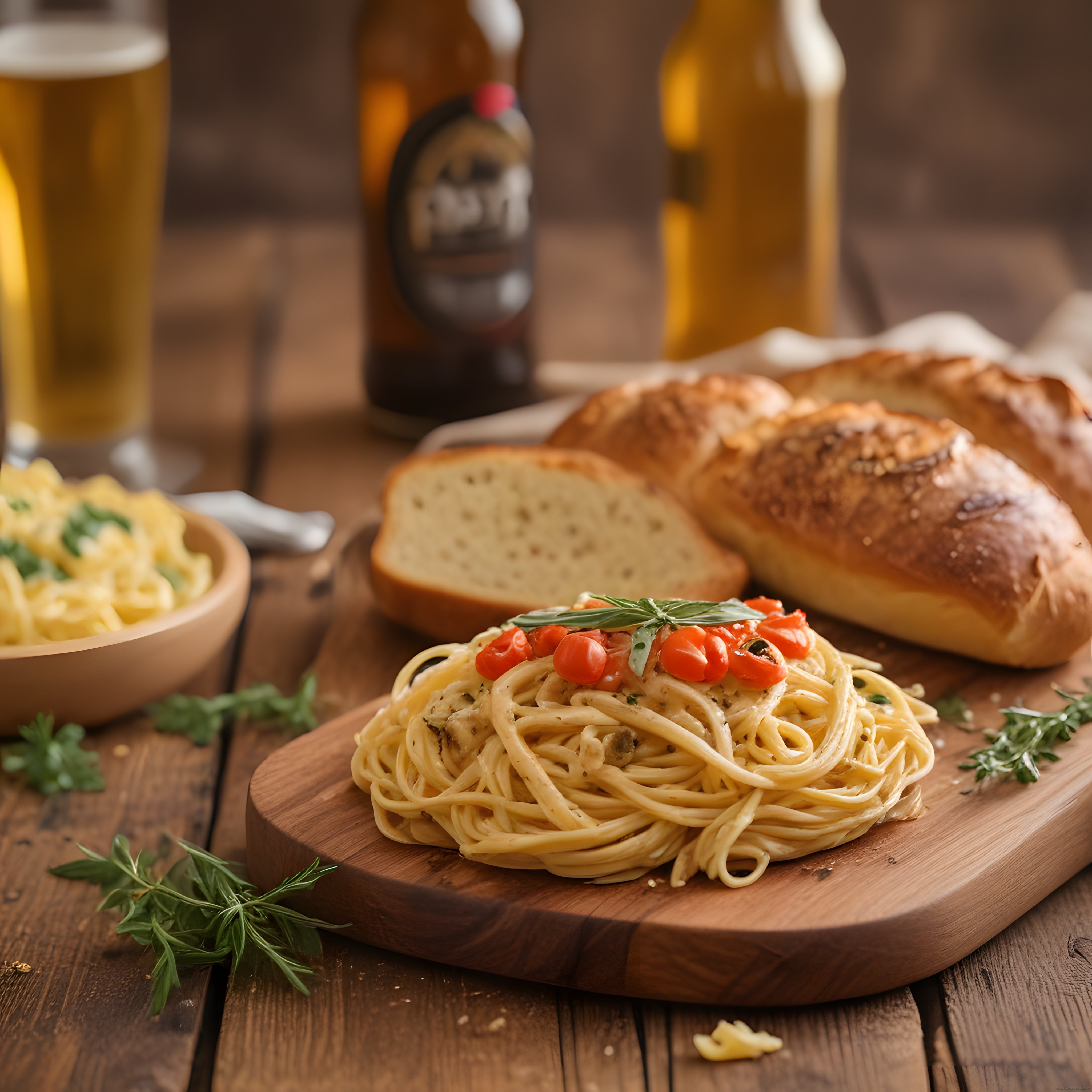 Rustik Ahşap Masada Domates ve Fesleğenli Spagetti ile Ekmek Sunumu