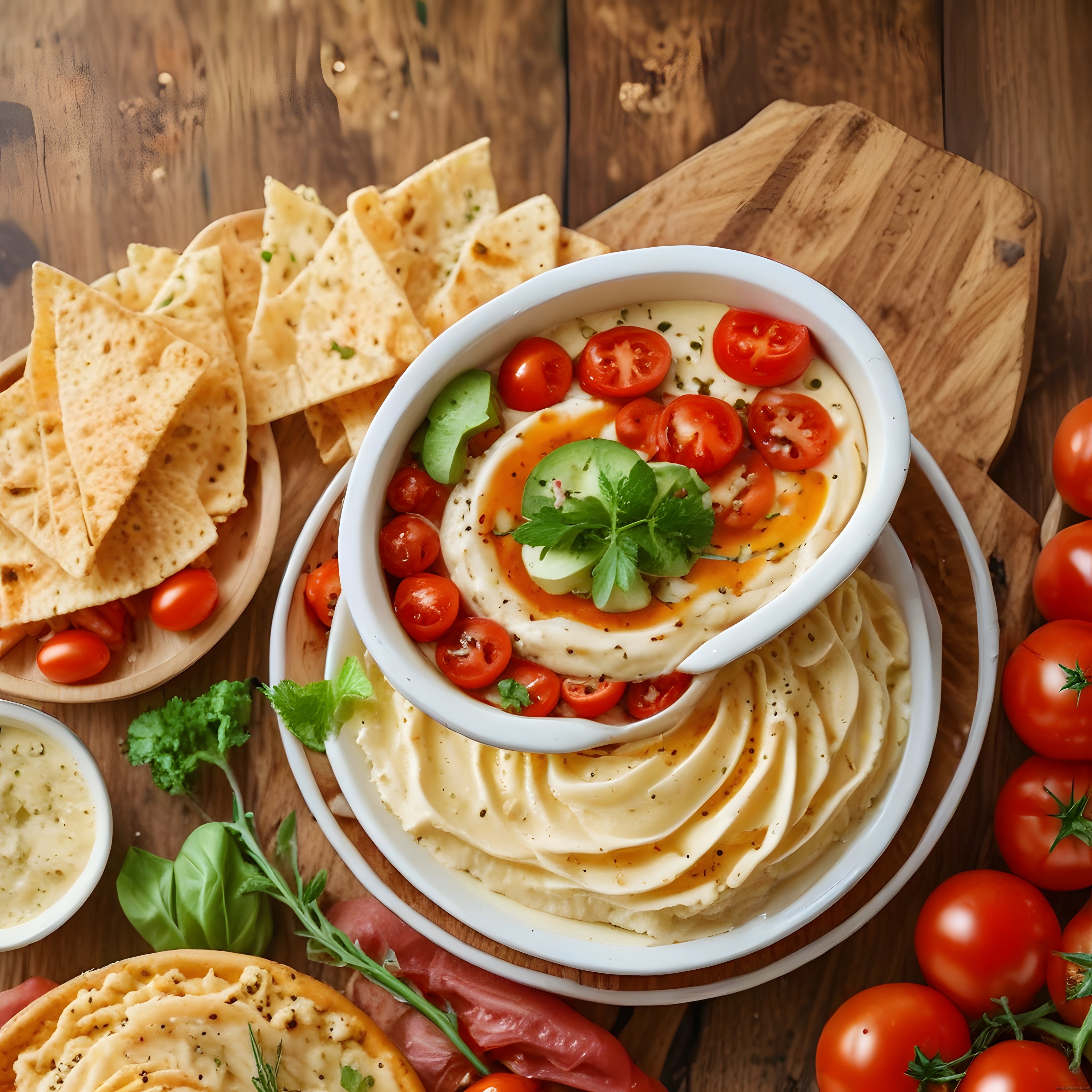 Rustik Ahşap Masada Domatesli Avokadolu Humus ve Cips Servisi