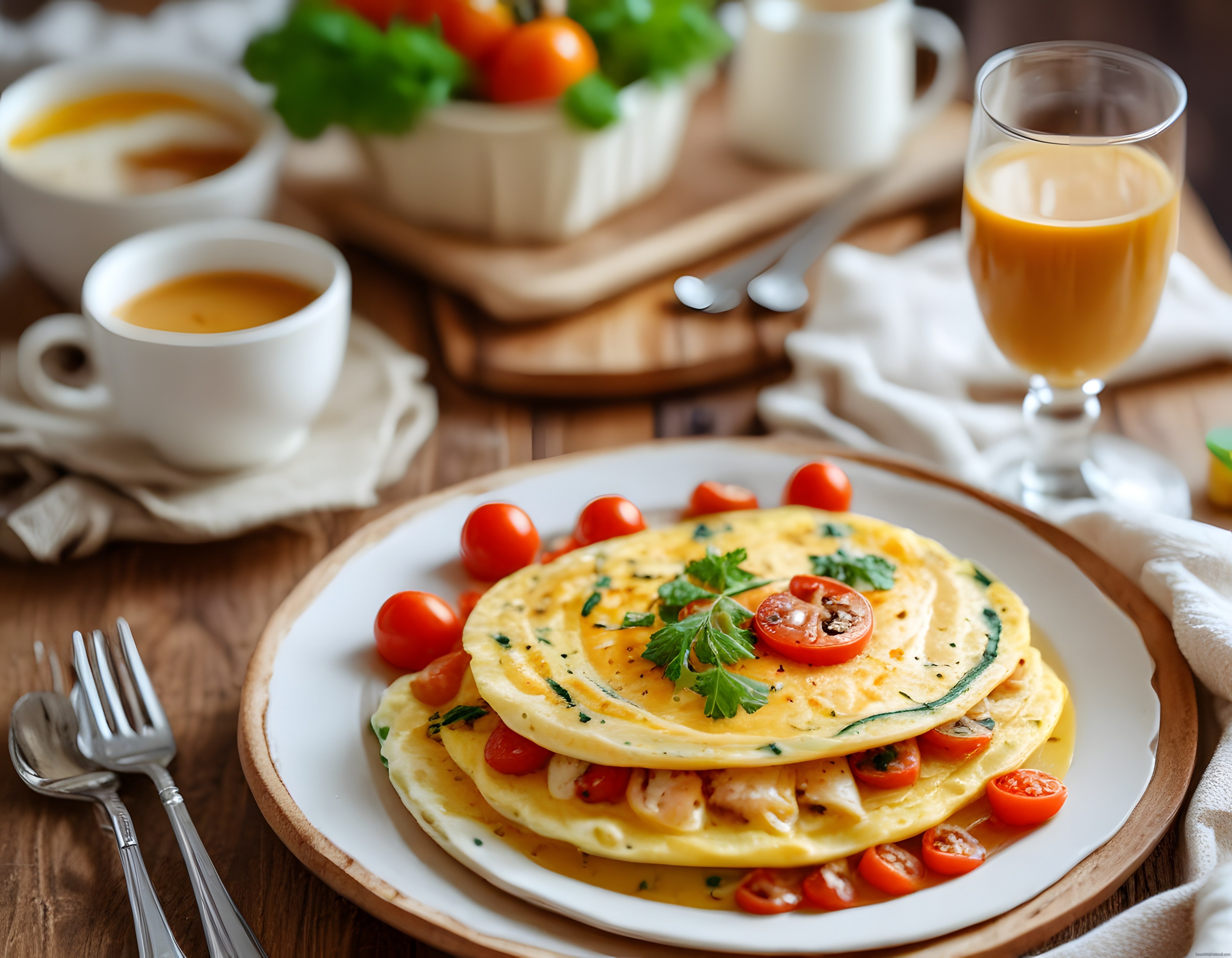 Rustik Ahşap Masada Domatesli Omlet ve Sıcak İçeceklerle Kahvaltı Sofrası