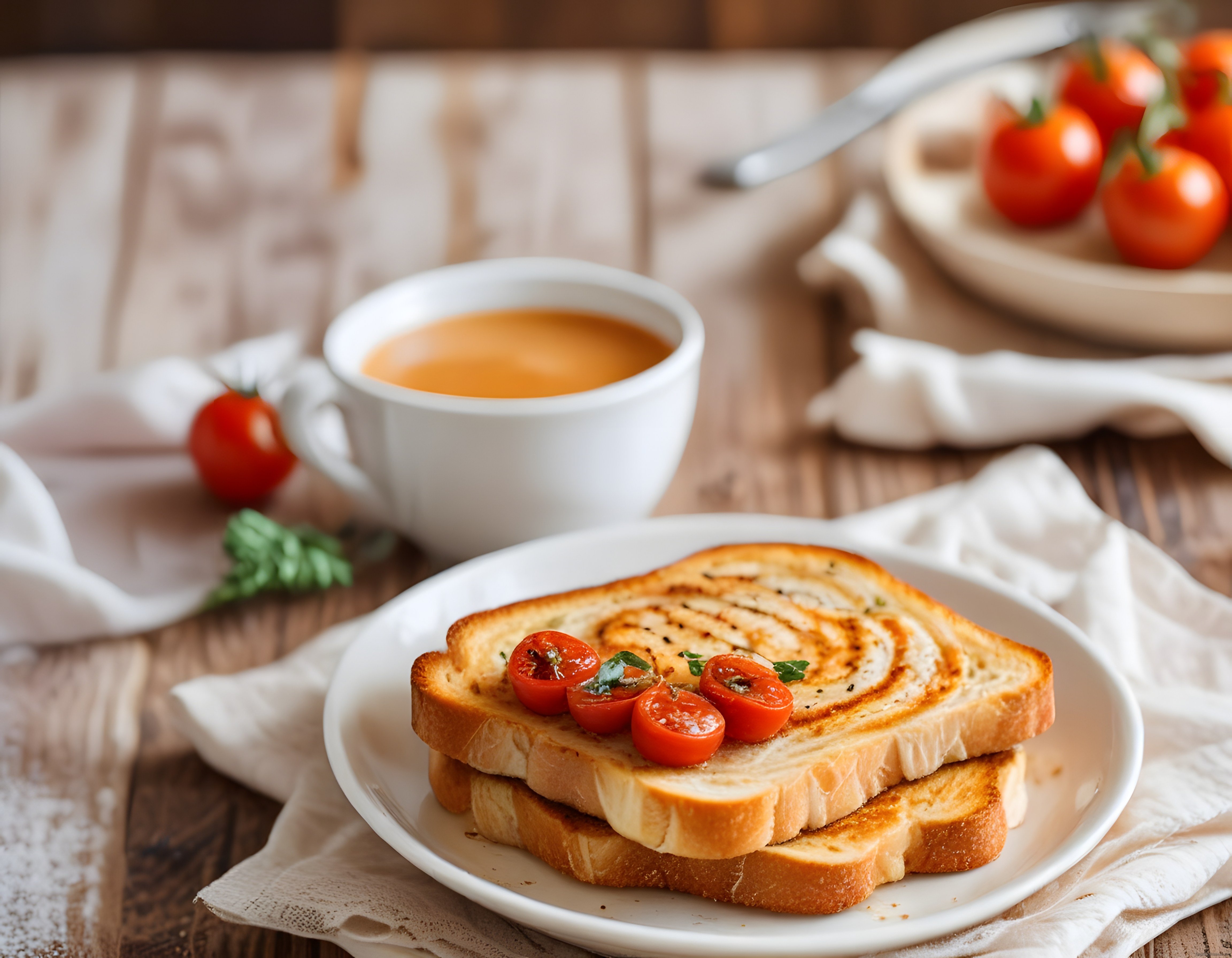 Rustik Ahşap Masada Domatesli Tost ve Sıcak İçecekle Kahvaltı Anı
