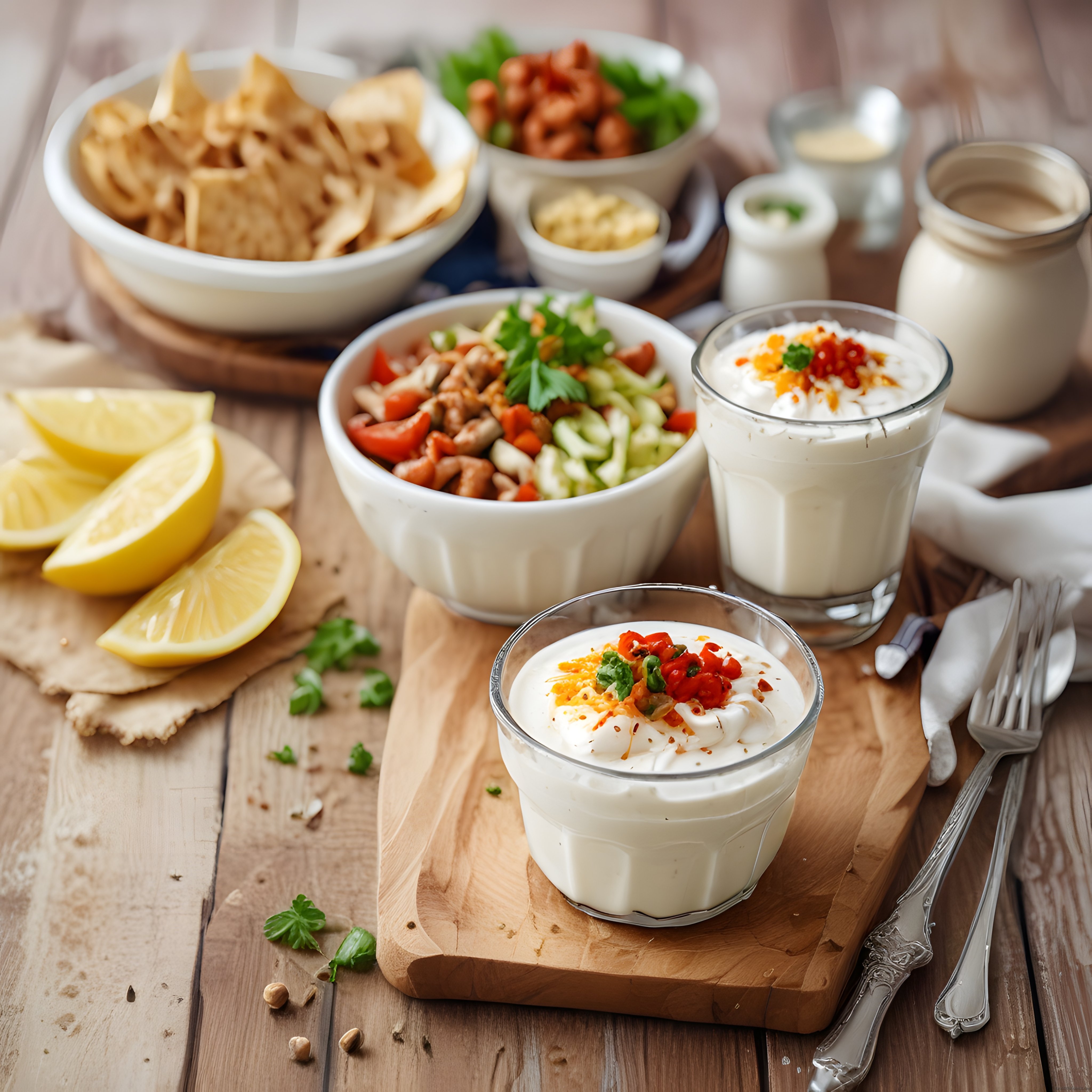 Rustik Ahşap Masada Ege Usulü Yoğurtlu Meze ve Nohut Salatası Sunumu