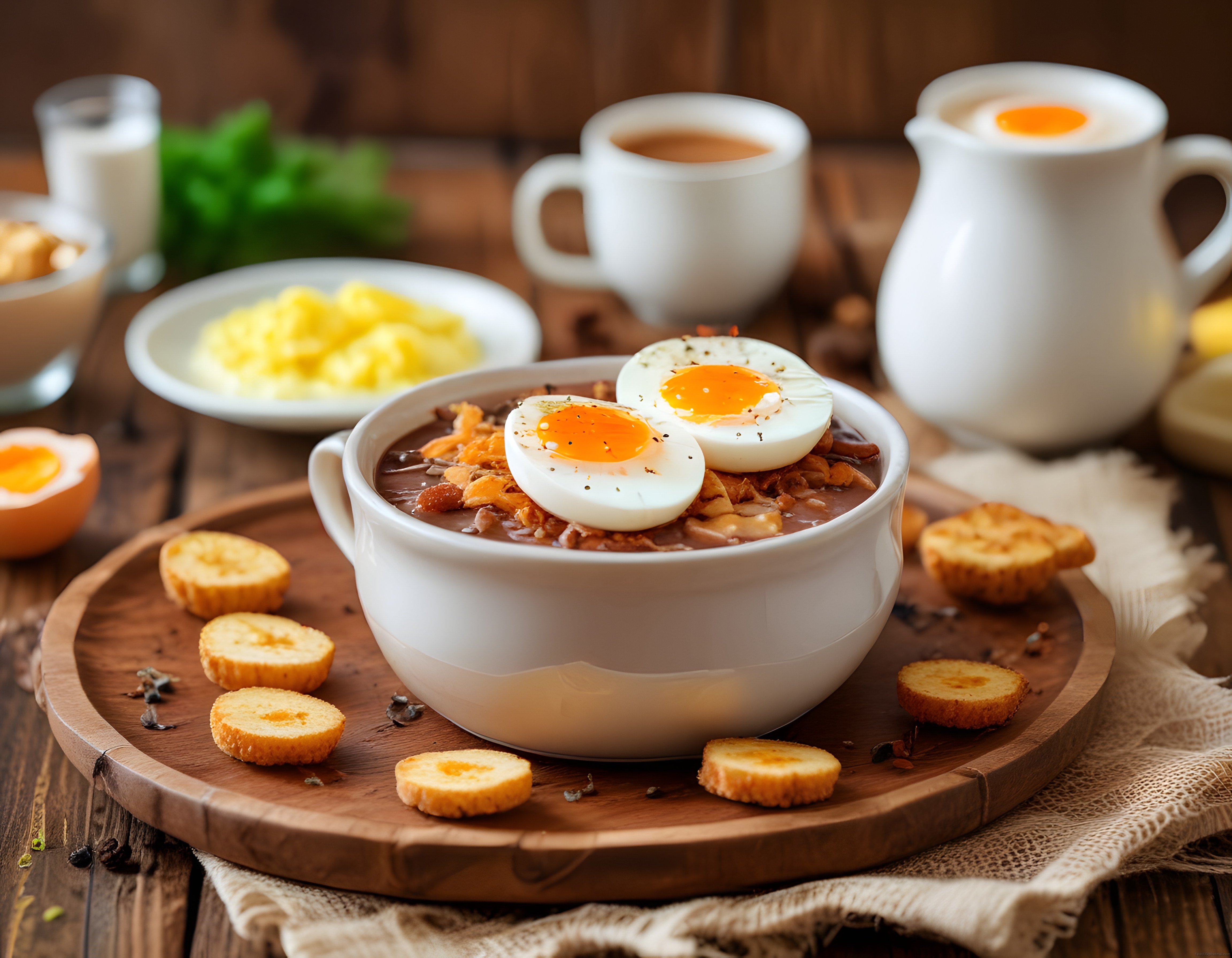 Rustik Ahşap Masada Ekmek Dilimleri Eşliğinde Yumurtalı Kahvaltı Kasesi
