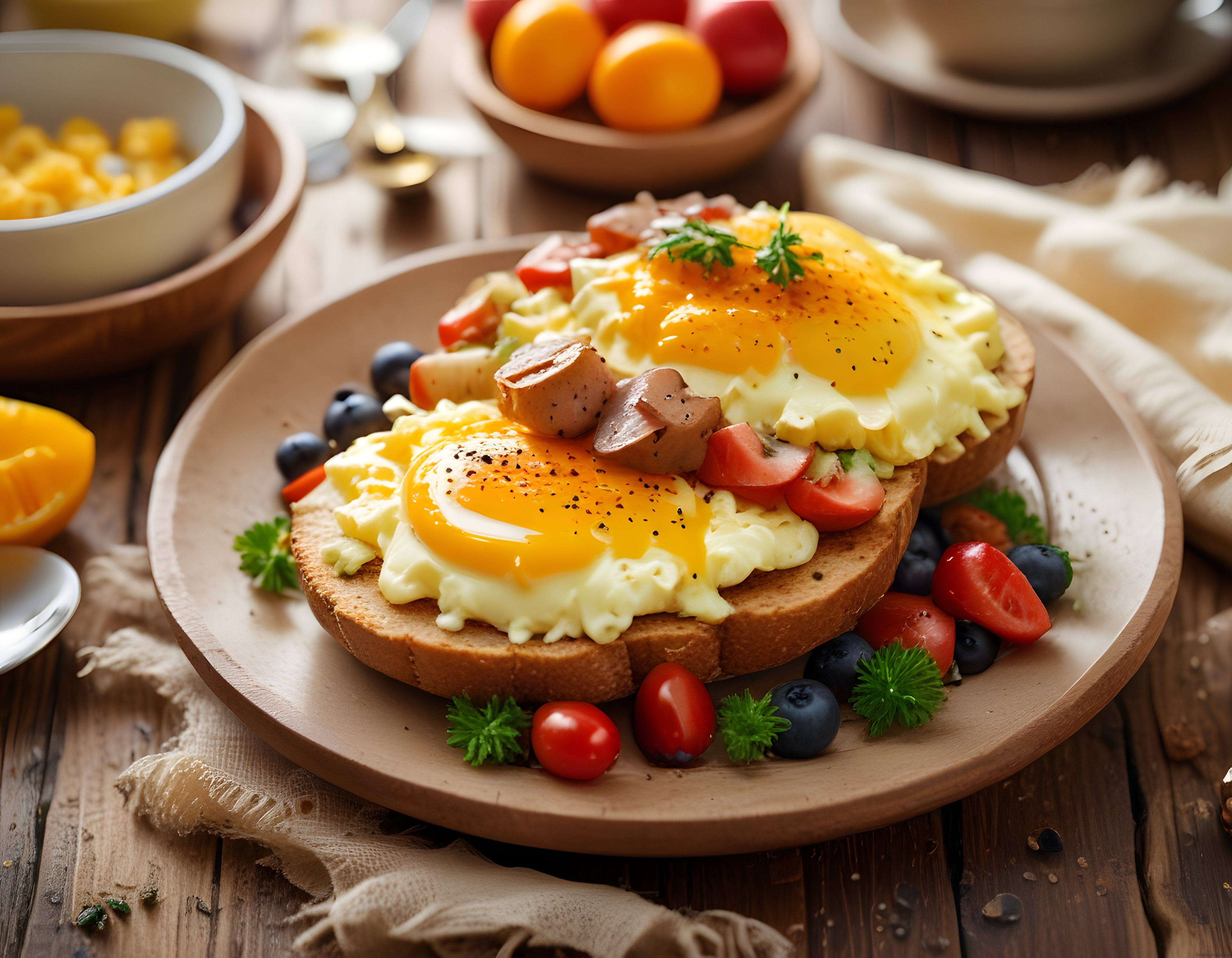 Rustik Ahşap Masada Ekmek Üzerinde Yumurta ve Taze Sebzelerle Kahvaltı