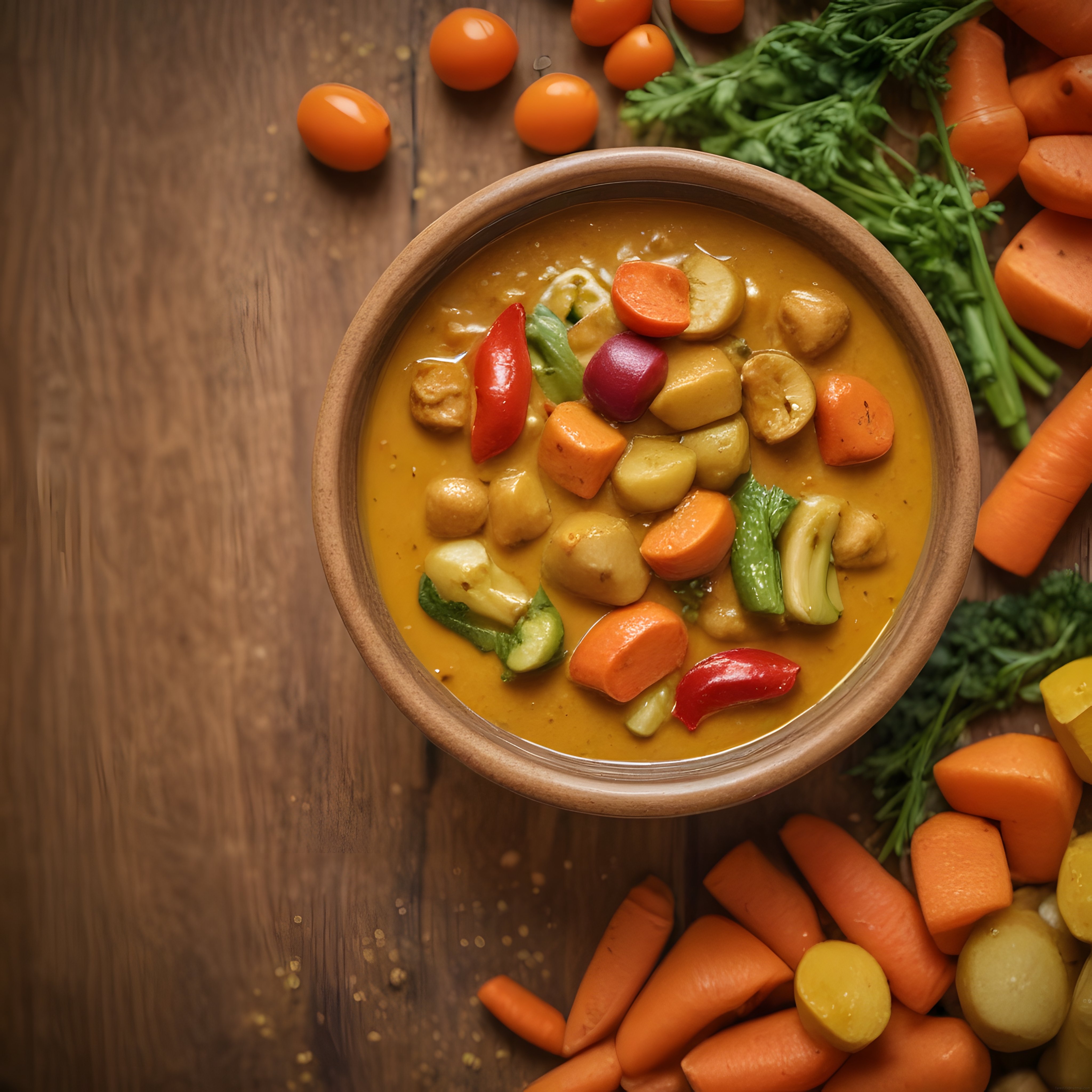 Rustik Ahşap Masada El Yapımı Kasede Renkli Sebzeli Körili Vegan Yemek