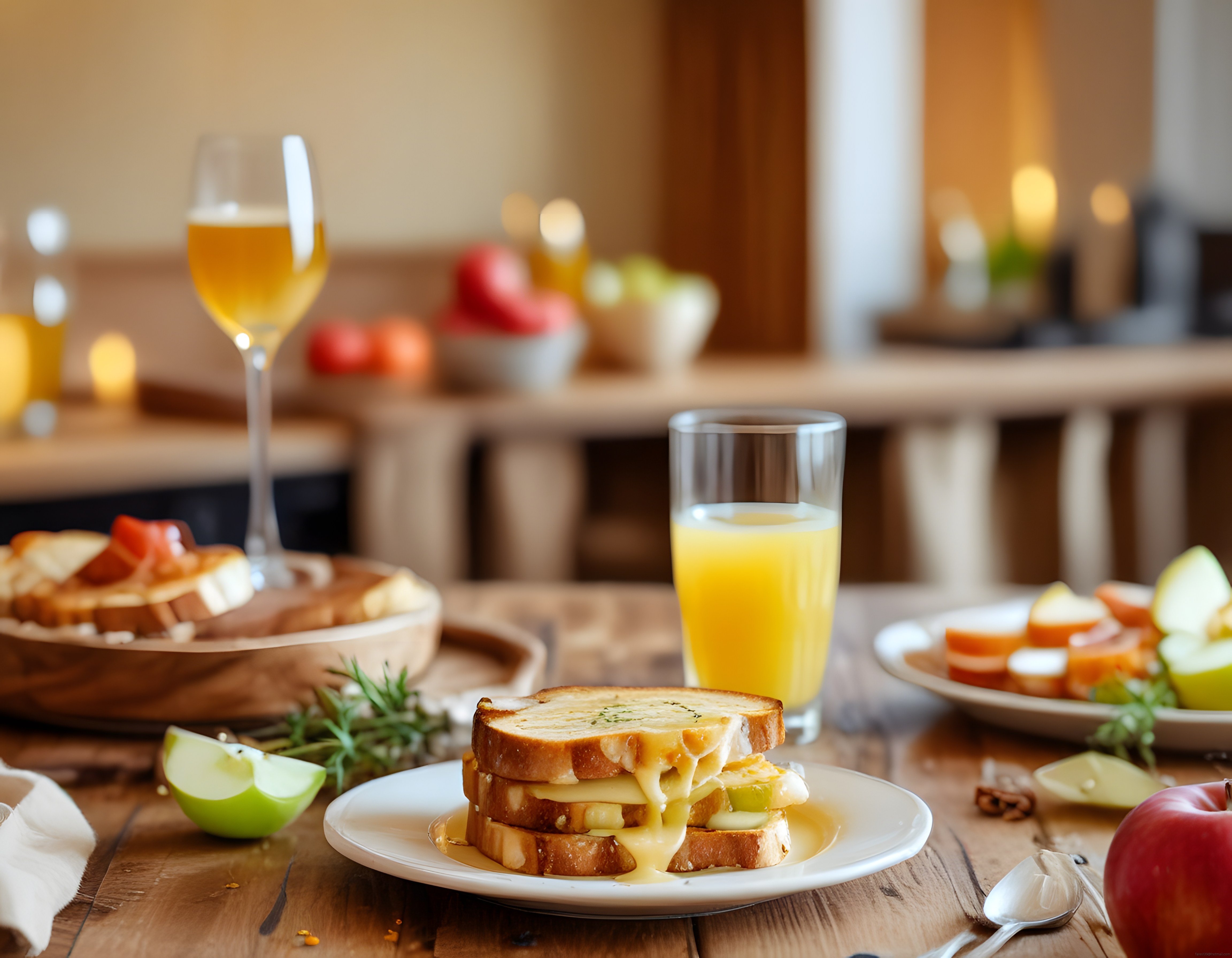 Rustik Ahşap Masada Eriyen Peynirli Elmalı Tost ve Taze Sıkılmış Portakal Suyu