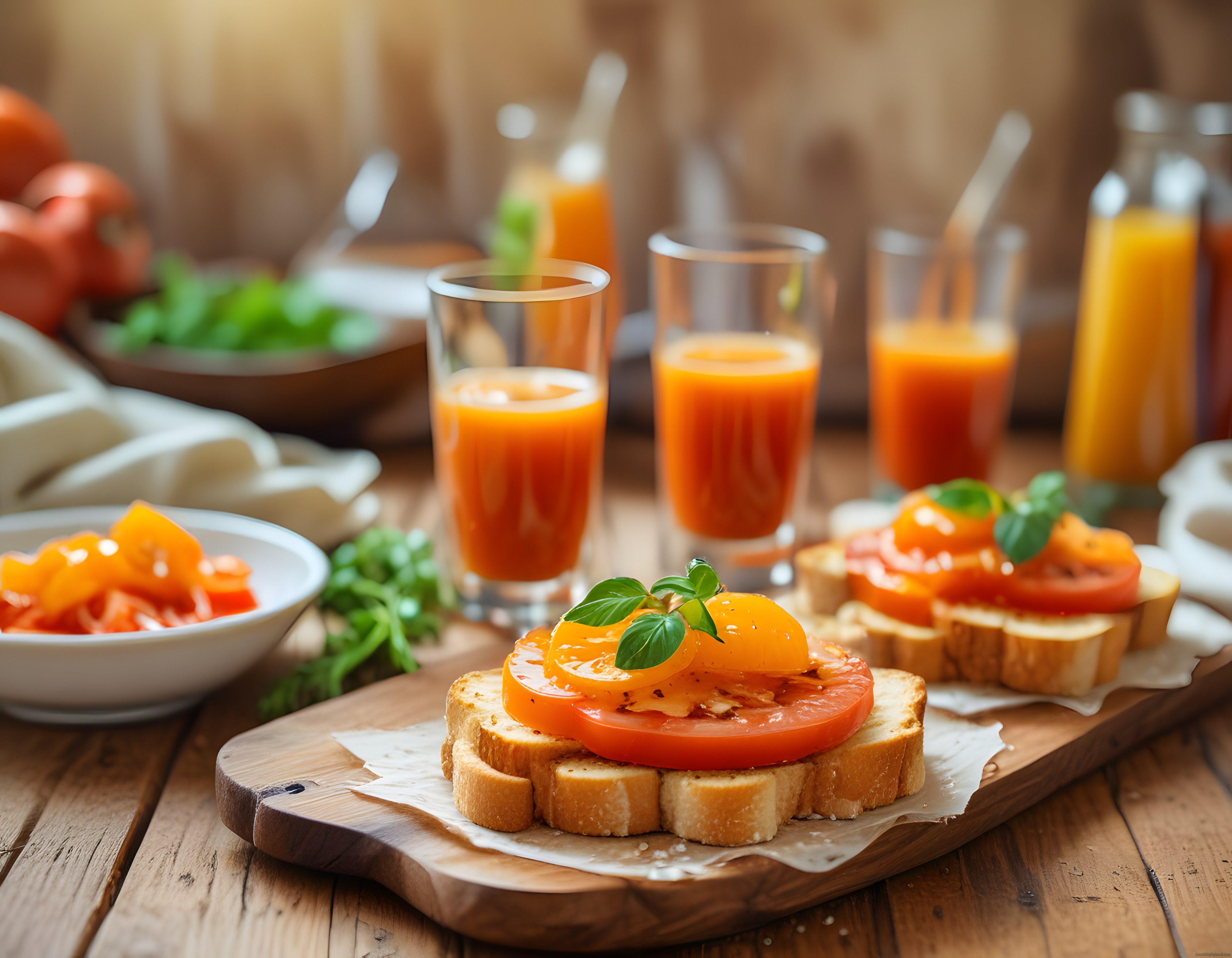 Rustik Ahşap Masada Ev Yapımı Bruschetta ve Taze Sıkılmış Domates Suyu