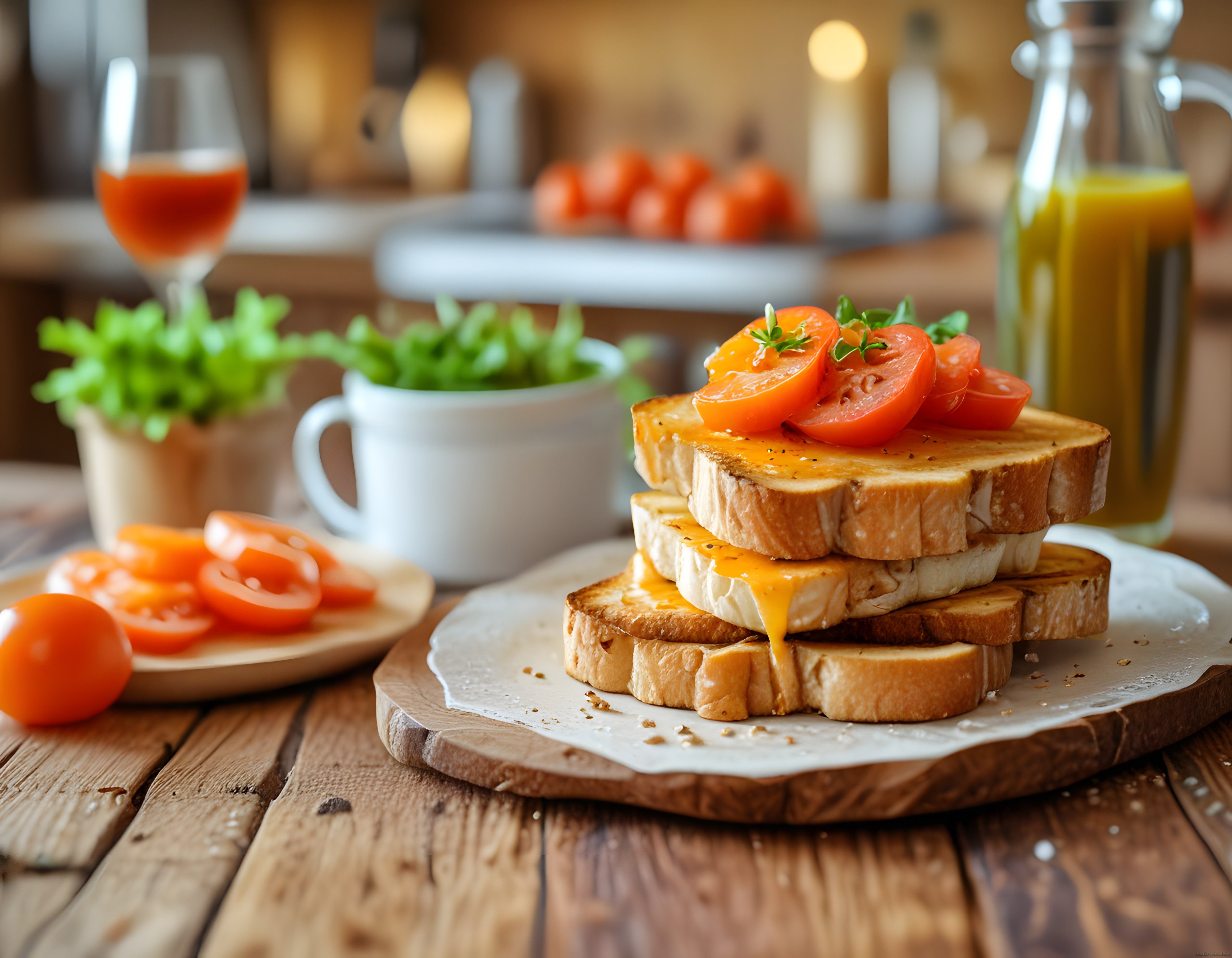 Rustik Ahşap Masada Ev Yapımı Domatesli Tost ve Portakal Suyu Kahvaltısı