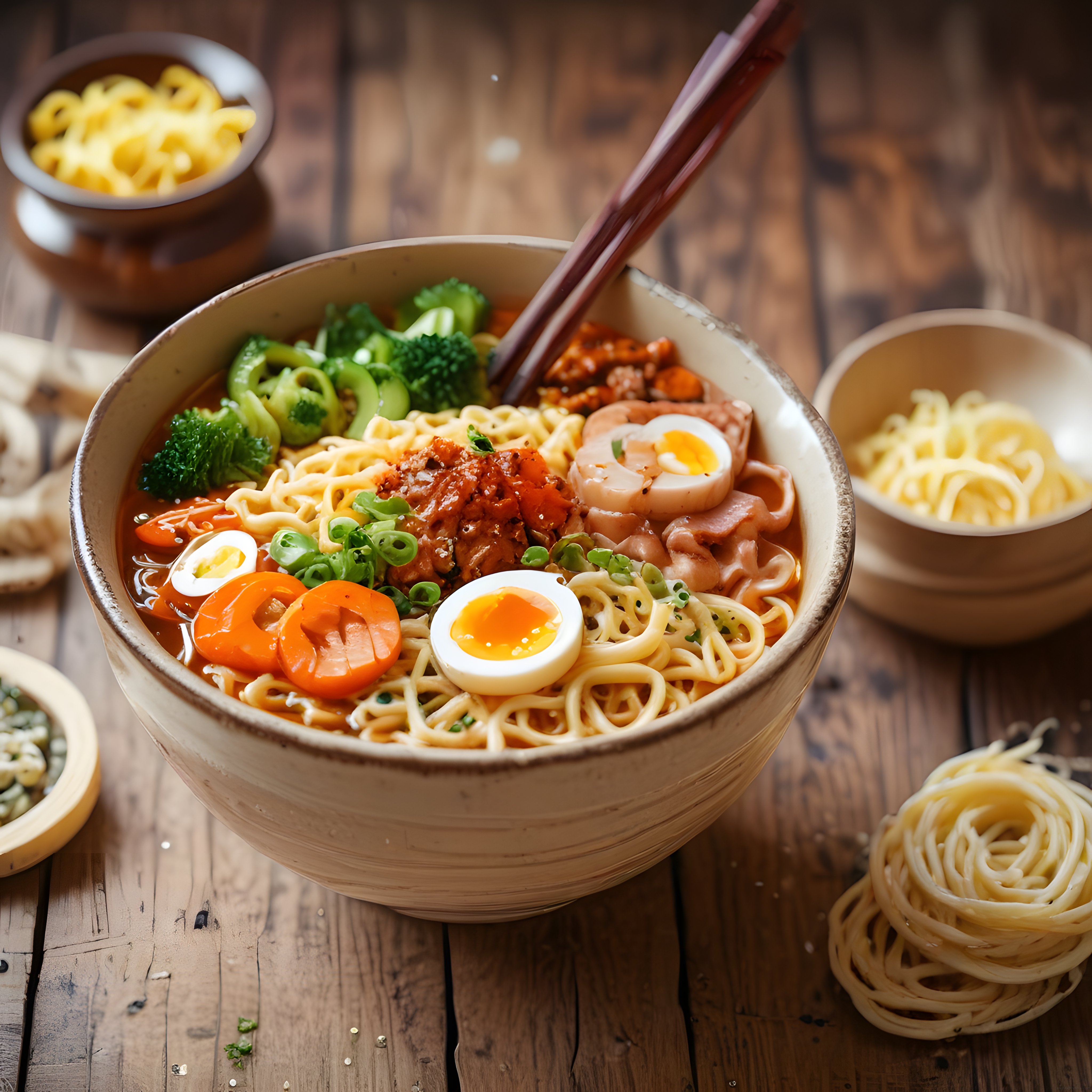 Rustik Ahşap Masada Ev Yapımı Japon Ramen Kasesi ve Taze Sebzeler