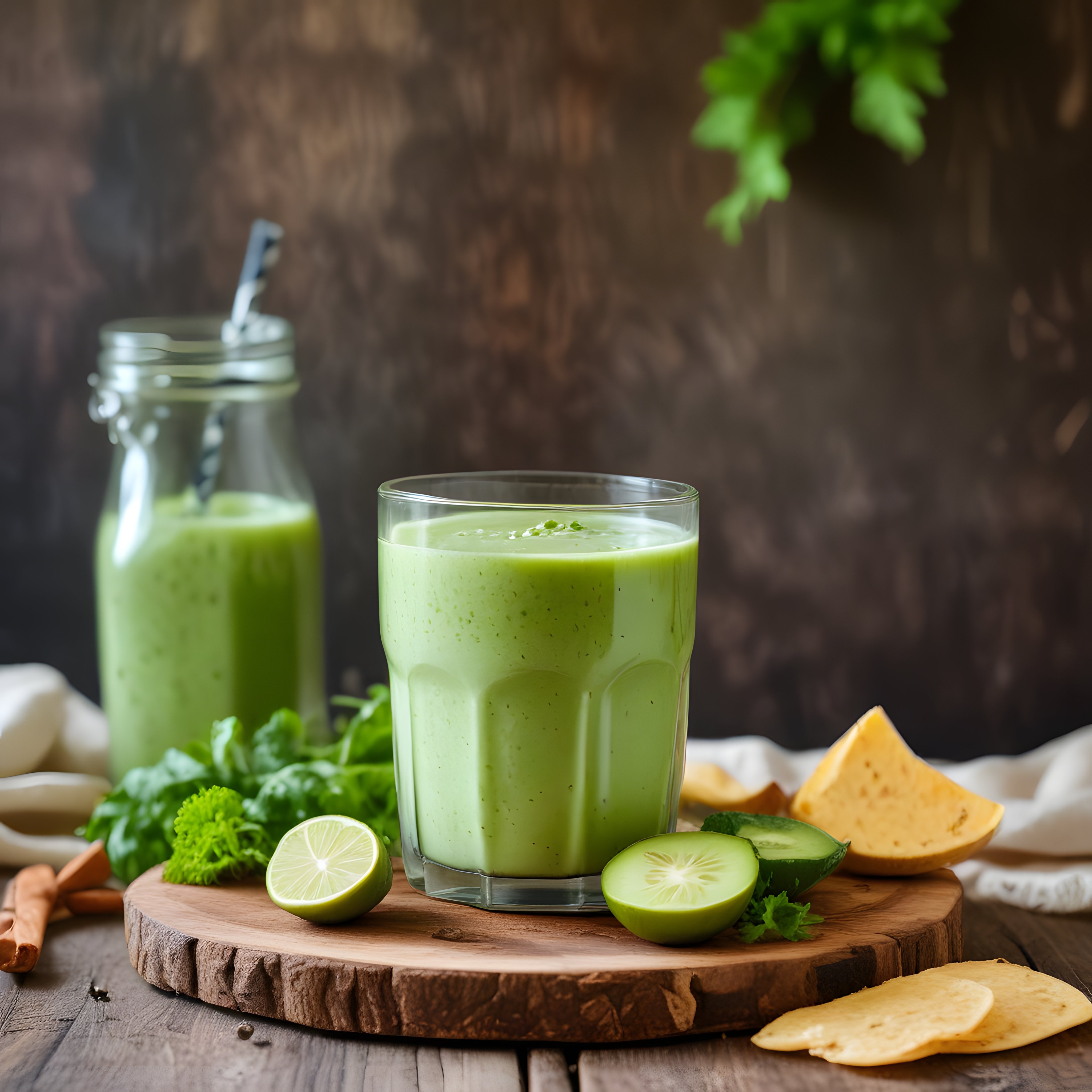 Rustik Ahşap Masada Ev Yapımı Yeşil Detoks Smoothie ve Taze Malzemeler