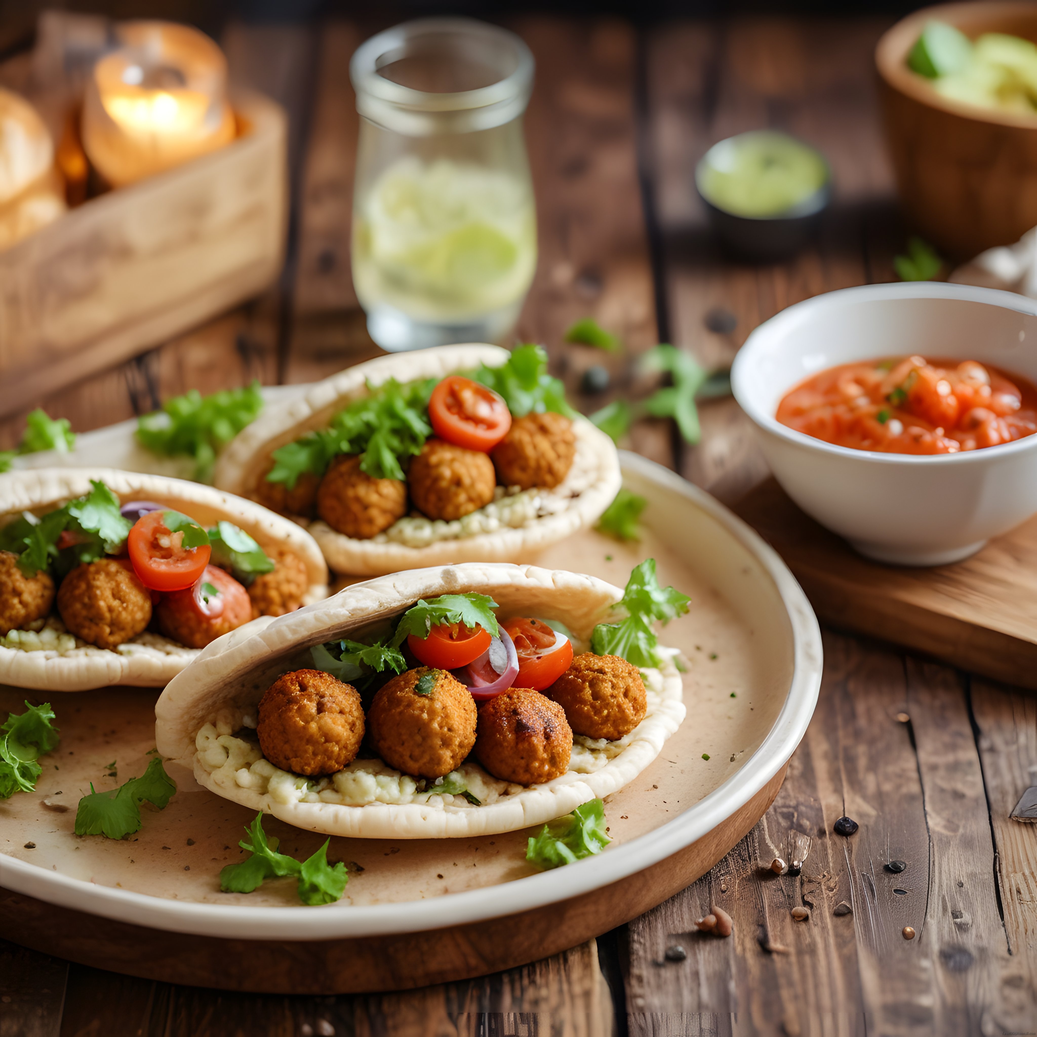 Rustik Ahşap Masada Falafel Dolgulu Pita Ekmeği ve Domates Sosu
