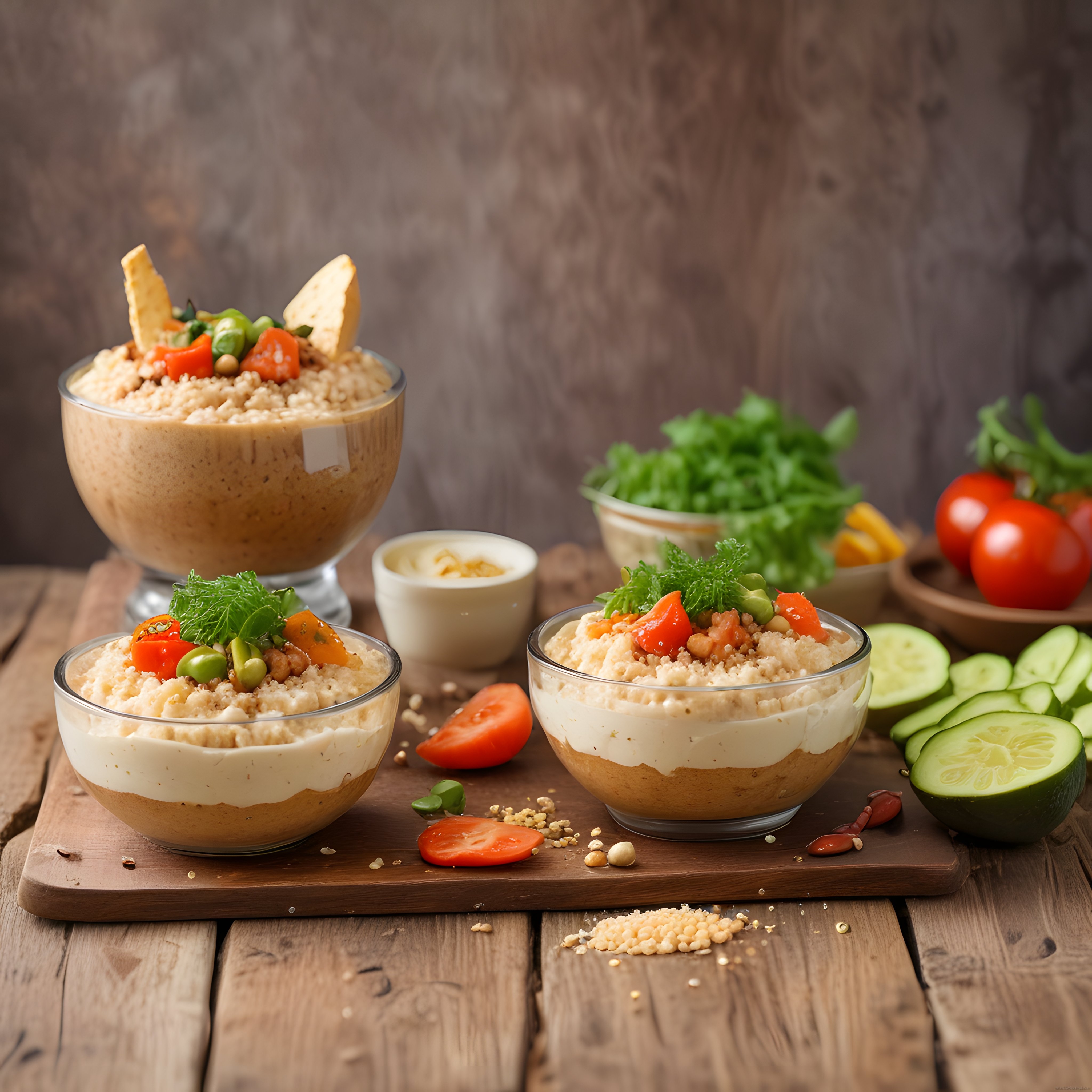 Rustik Ahşap Masada Farklı Humus Çeşitleriyle Lezzetli Meze Sunumu