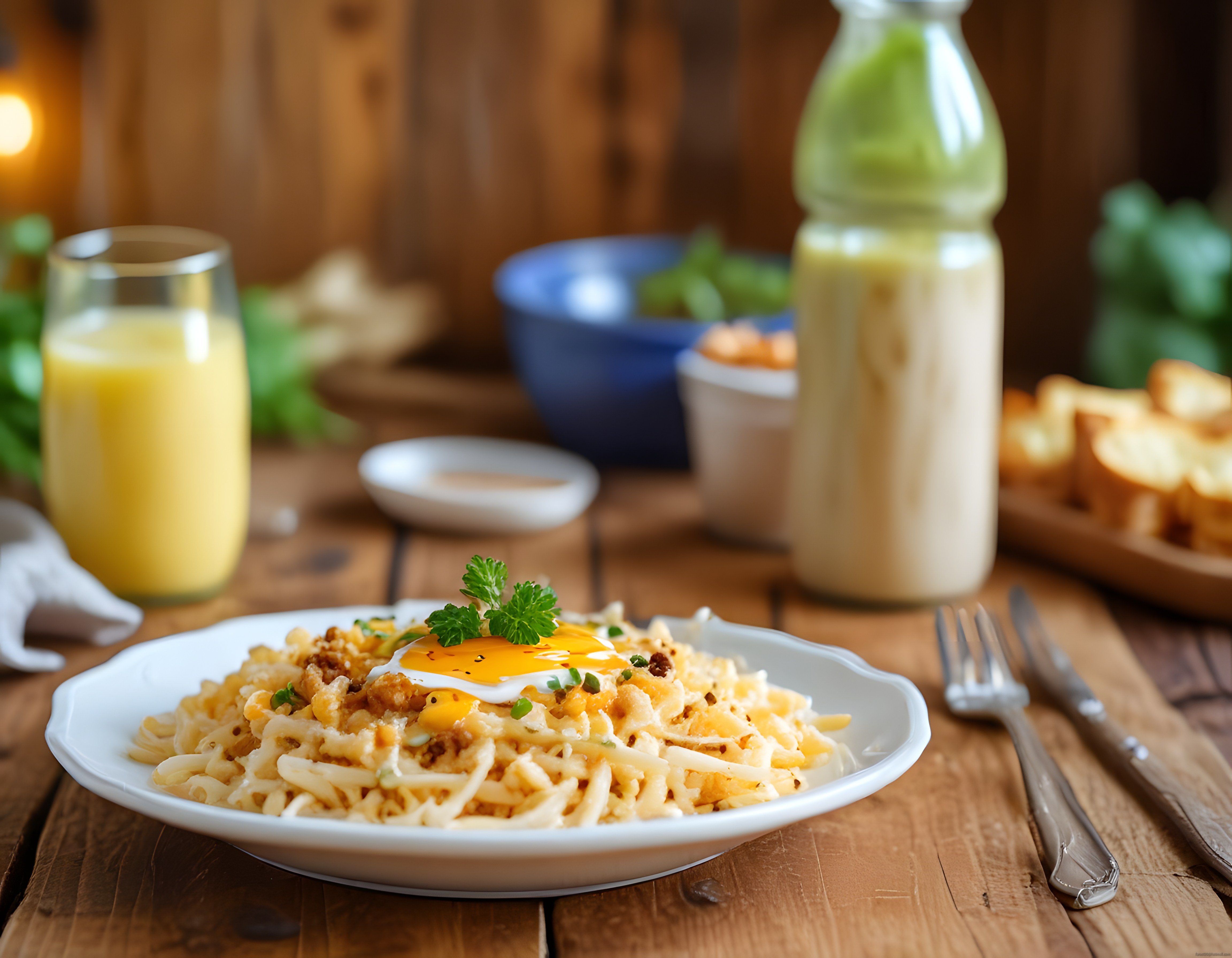 Rustik Ahşap Masada Gourmet Makarna Tabağı ve Yumurta Sunumu