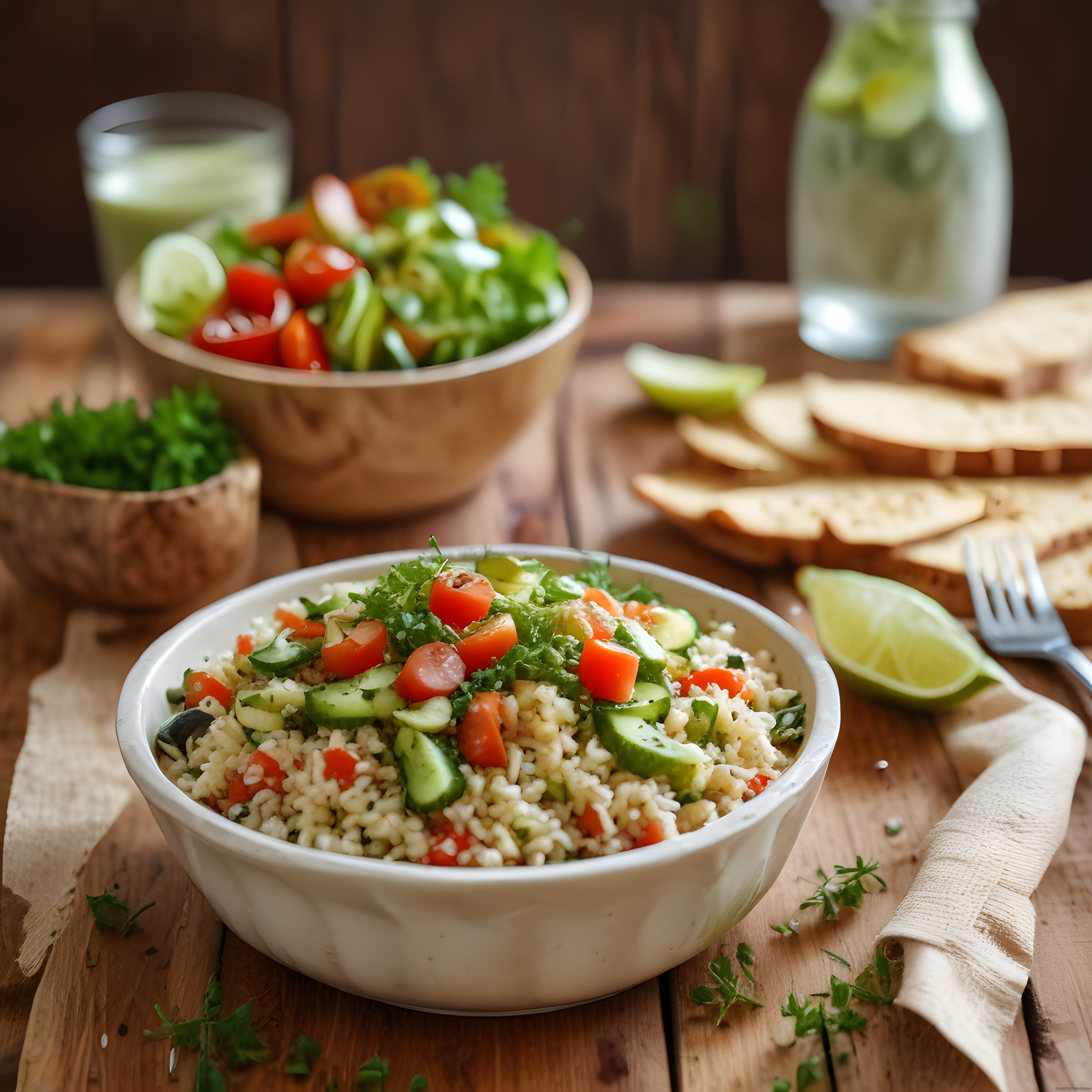 Rustik Ahşap Masada Gün Ortası Bulgur Salatası ve Taze Sebzeler