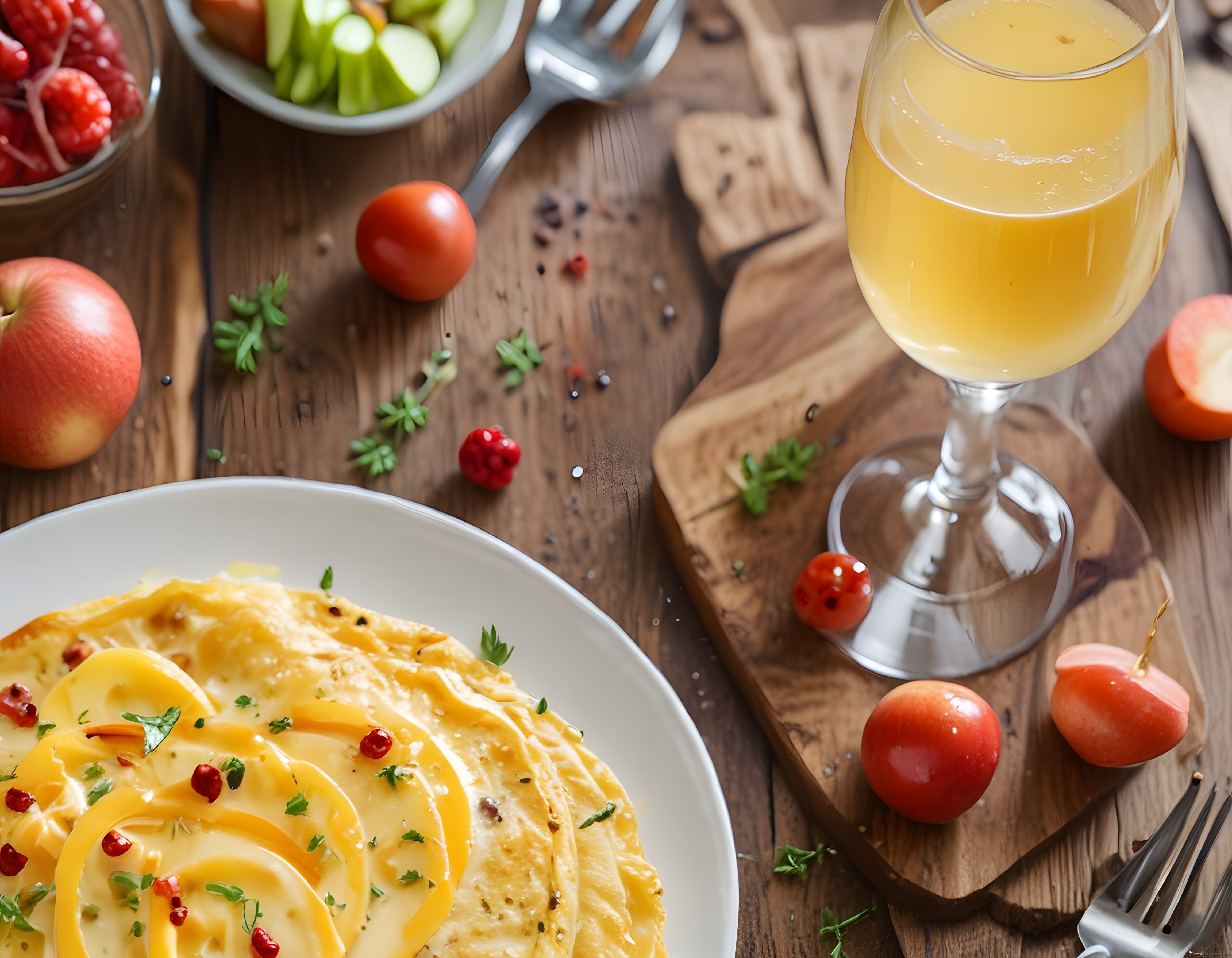 Rustik Ahşap Masada Gurme Omlet ve Taze Meyve Suyu ile Kahvaltı Keyfi