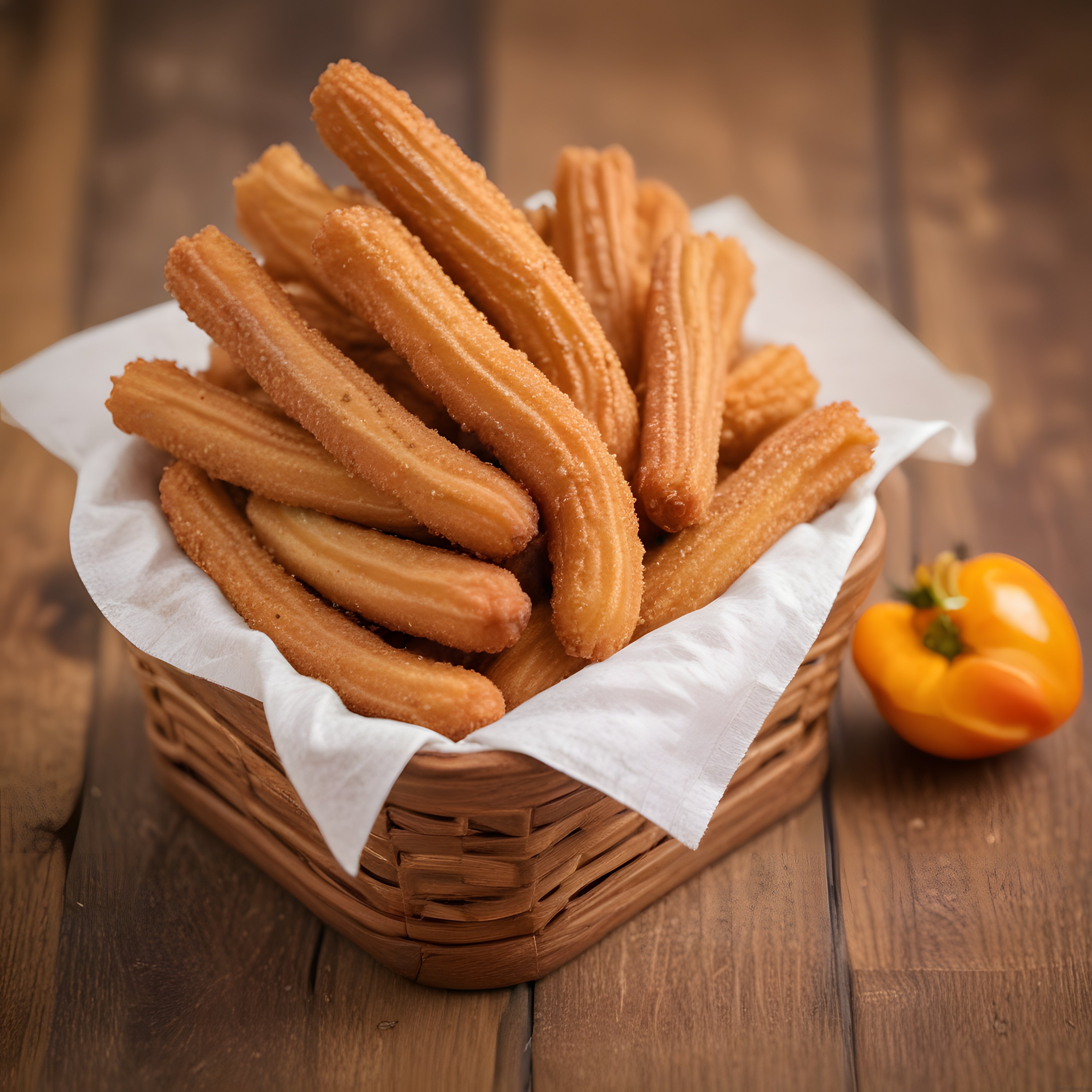 rustik ahşap masada hasır sepet içinde churros ve sarı biber sunumu