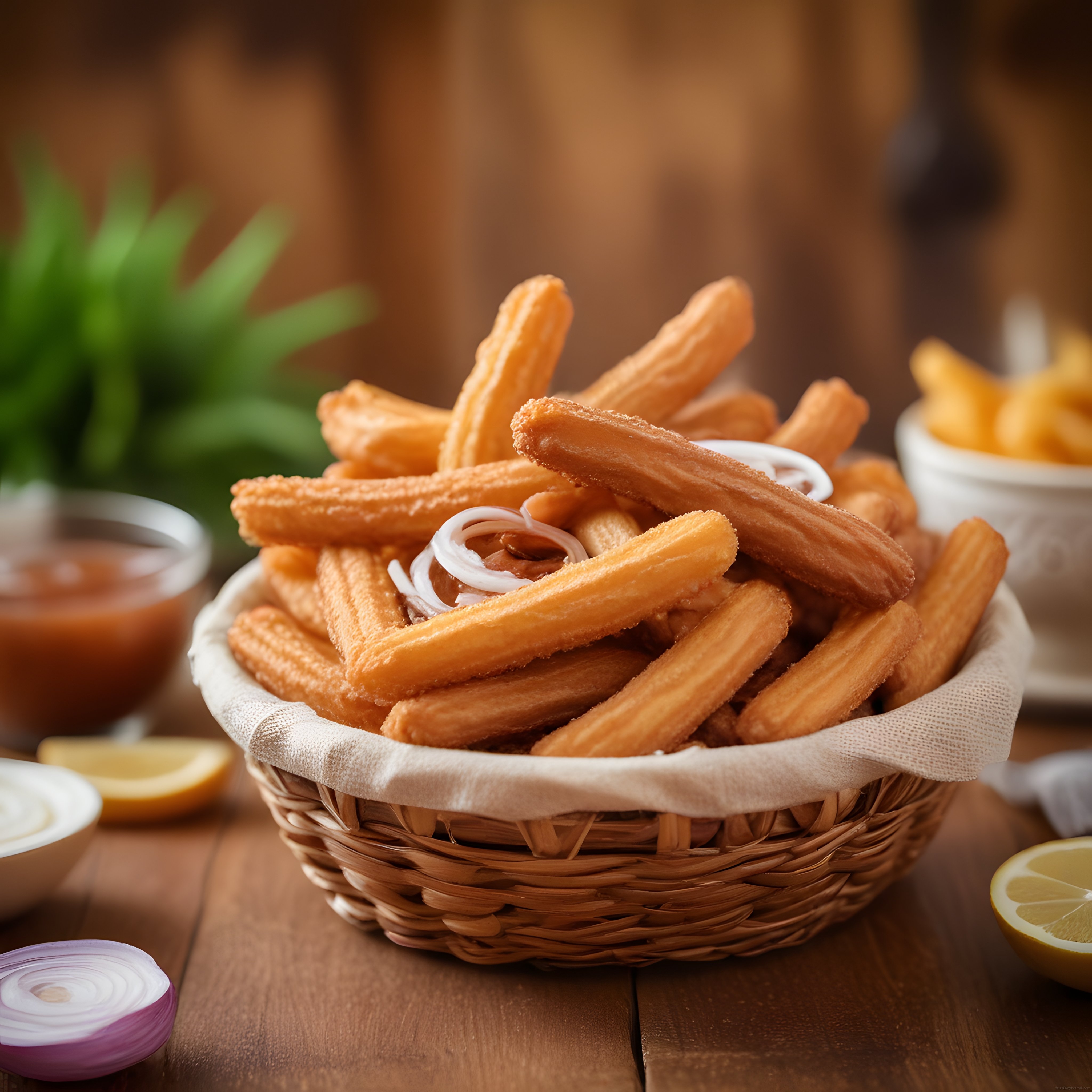 Rustik Ahşap Masada Hasır Sepet İçinde Sıcak Churros ve Eşlikçi Sos Sunumu