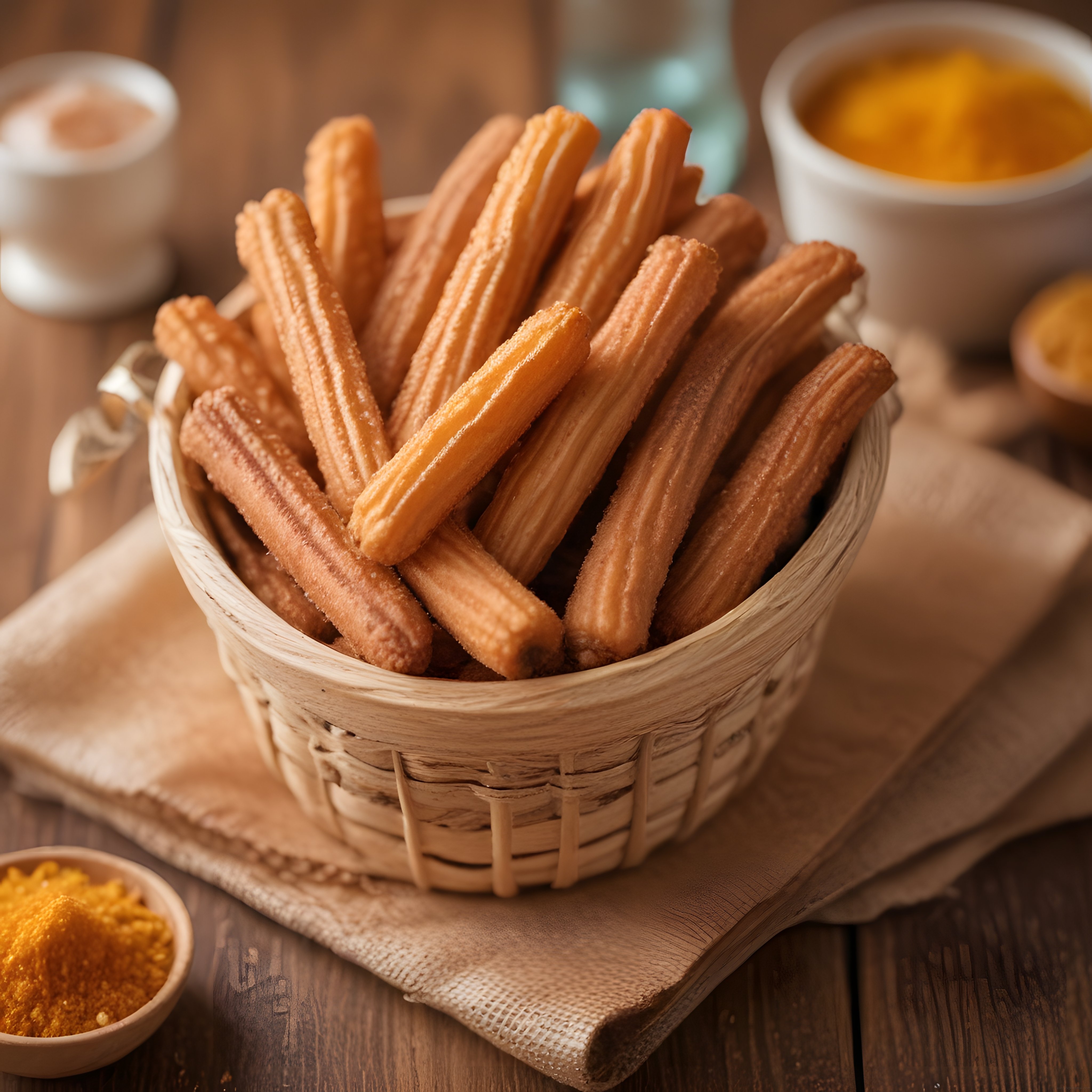 Rustik Ahşap Masada Hasır Sepette Churros ve Çikolata Dip Sosu Sunumu