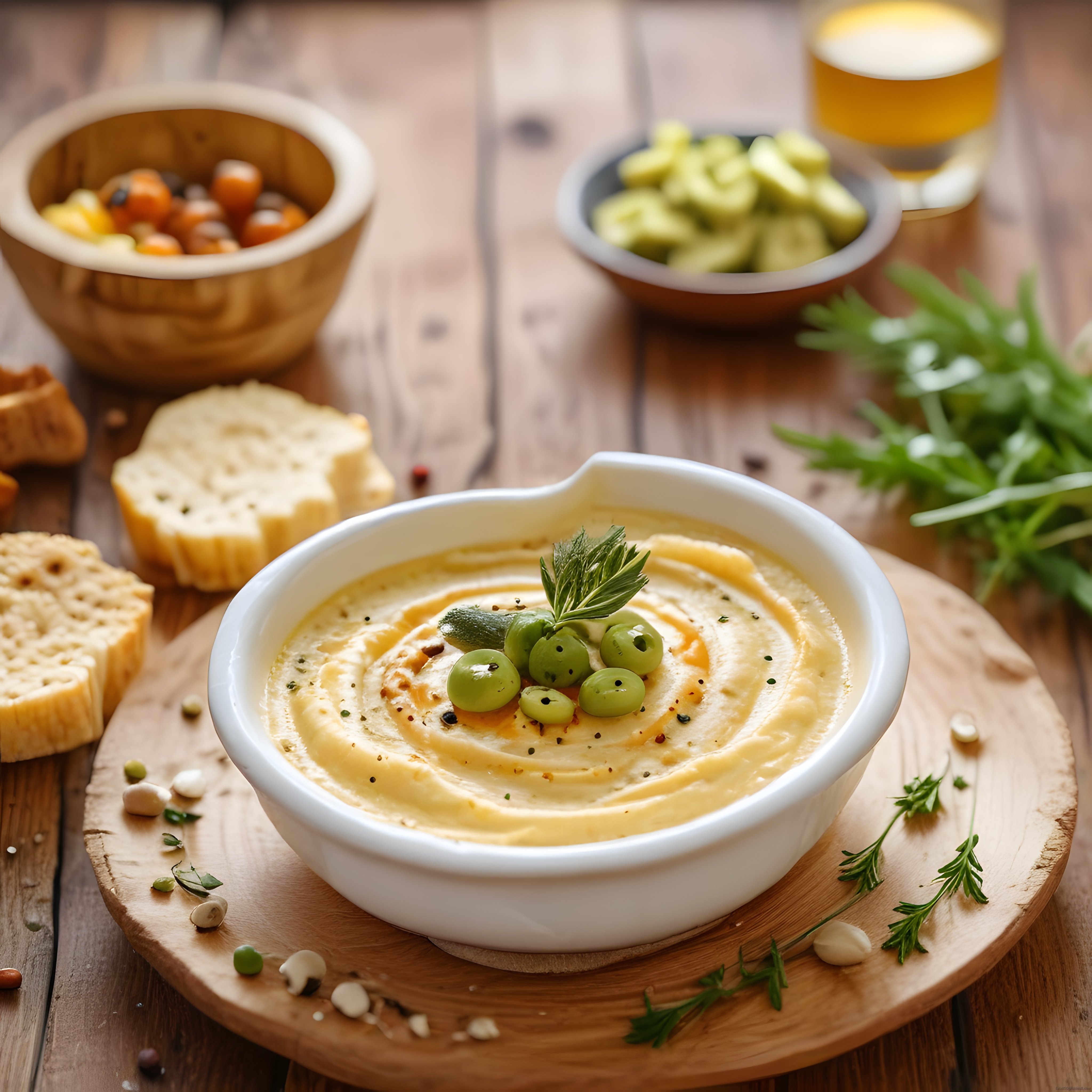Rustik ahşap masada humus mezesi, taze ekmek ve soğuk bira sunumu