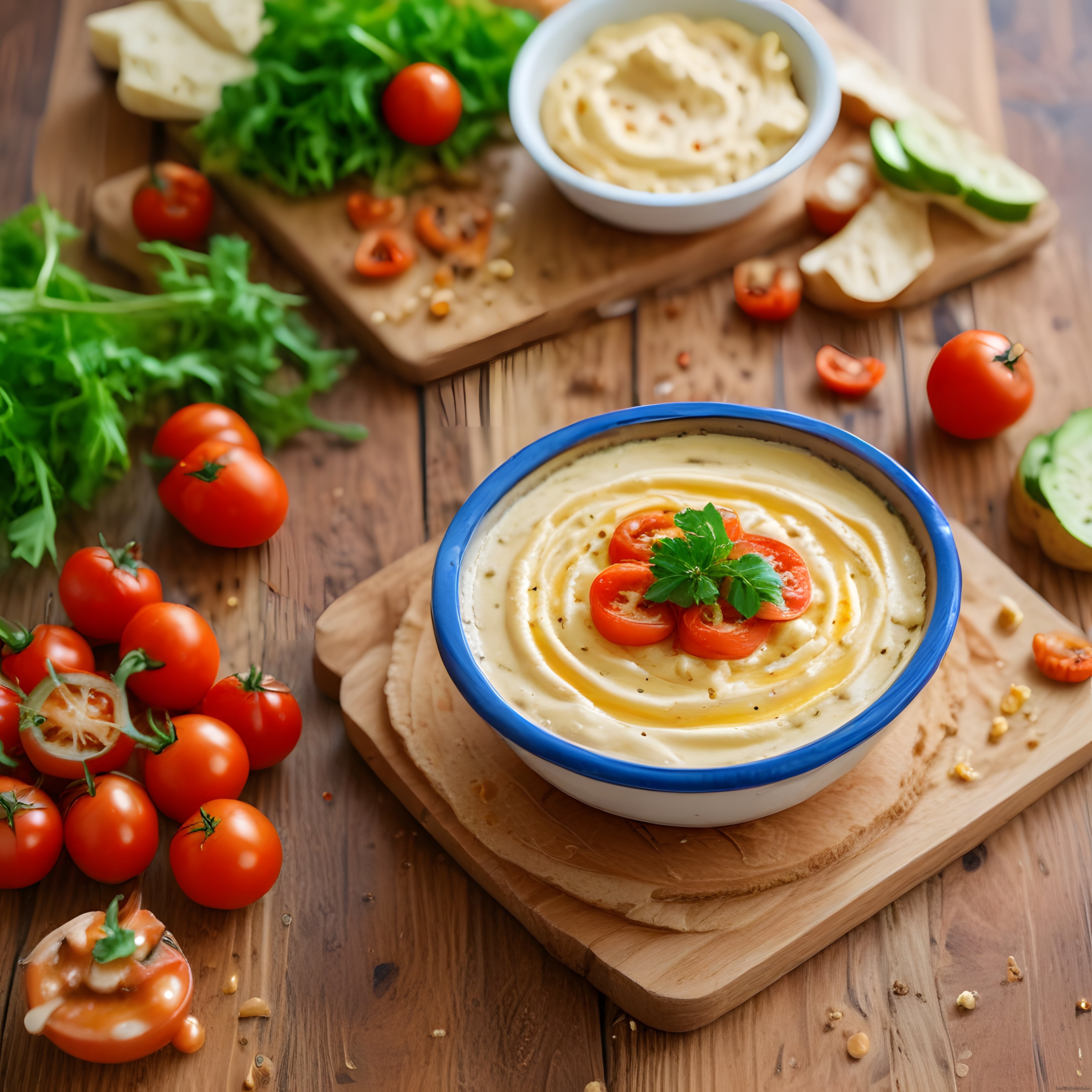 Rustik Ahşap Masada Humus ve Taze Sebzelerle Sağlıklı Atıştırmalık Tabağı