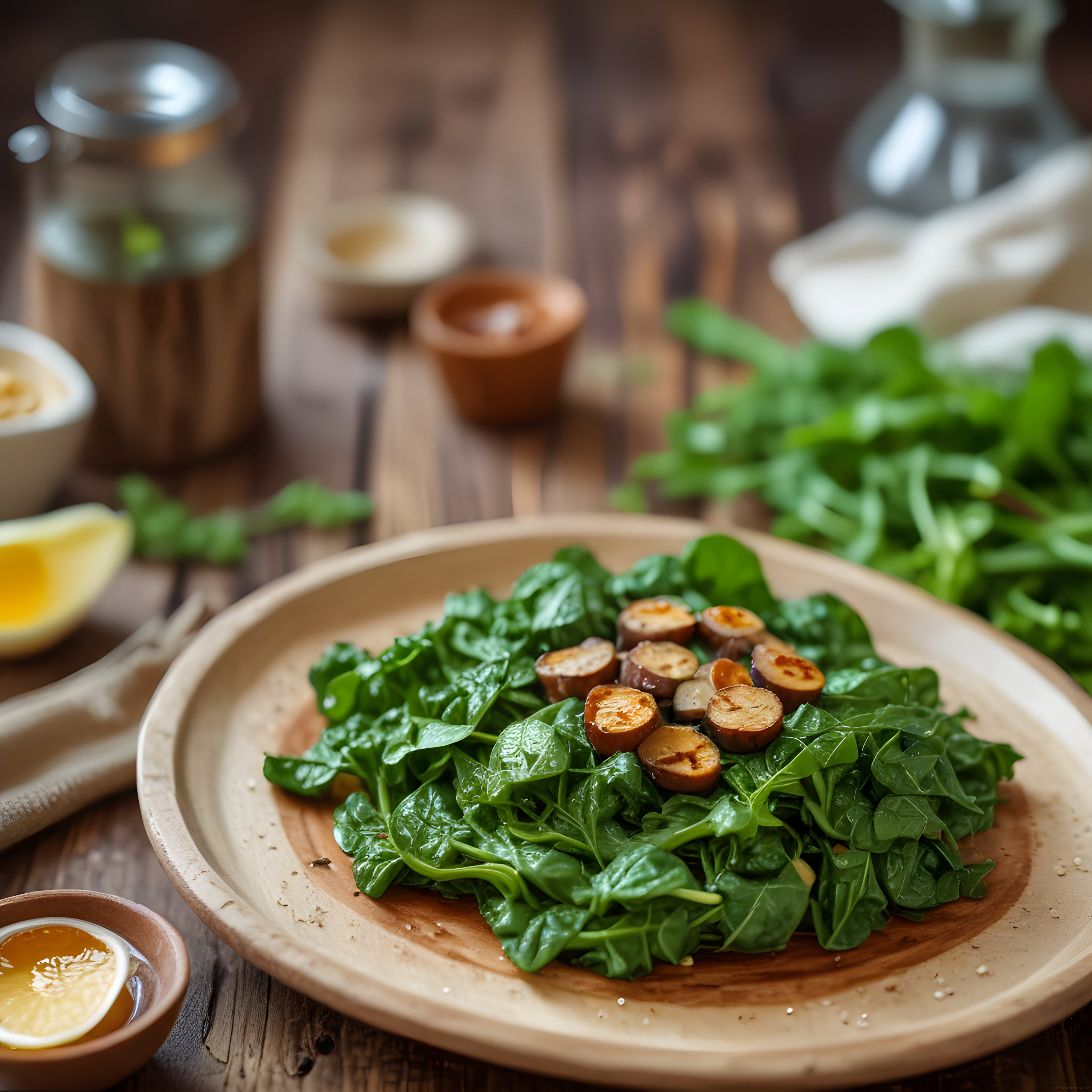 Rustik Ahşap Masada Ispanak Yatağında Mantarlı Sağlıklı Vegan Salata Sunumu
