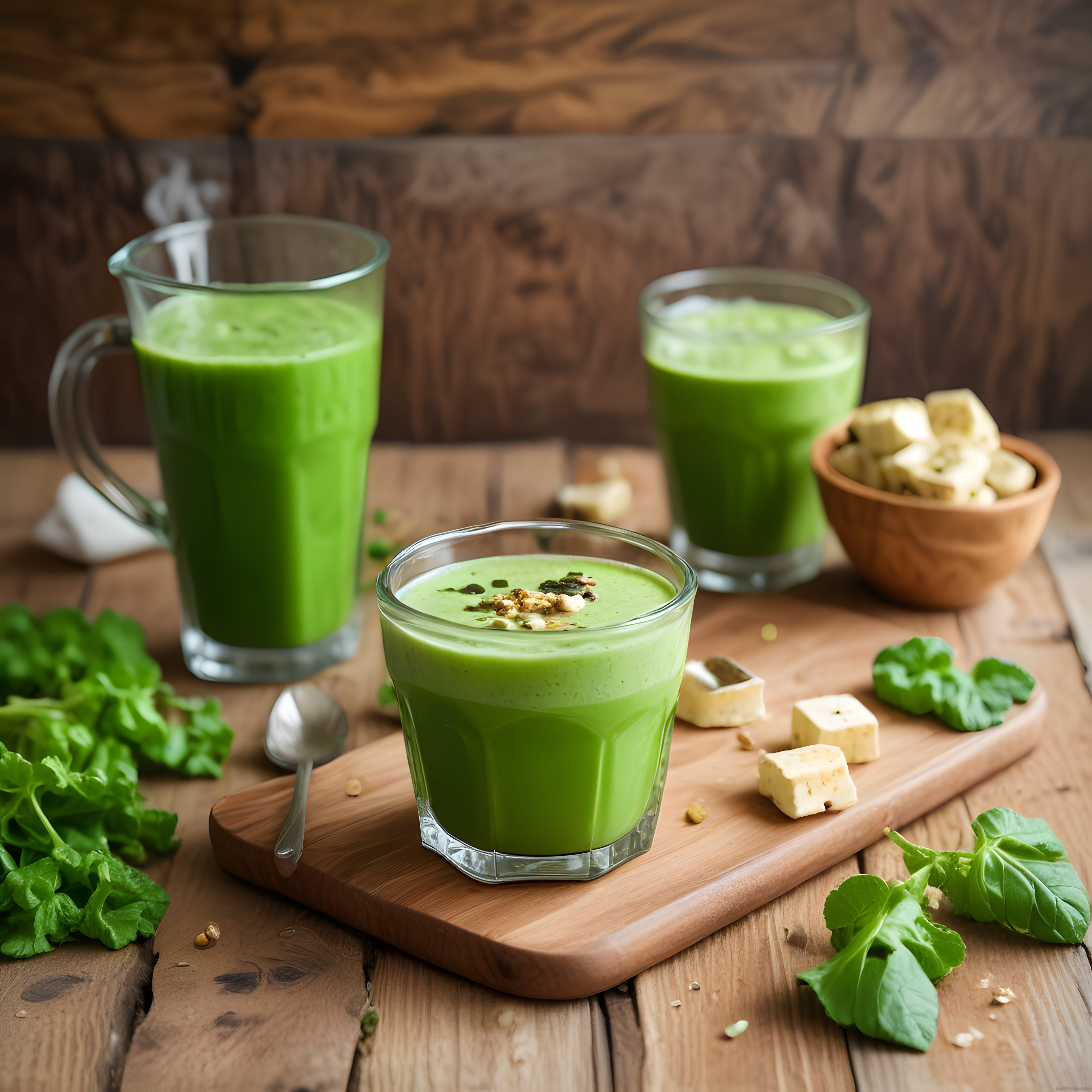 Rustik Ahşap Masada Ispanaklı ve Muzlu Taze Yeşil Smoothie Sunumu