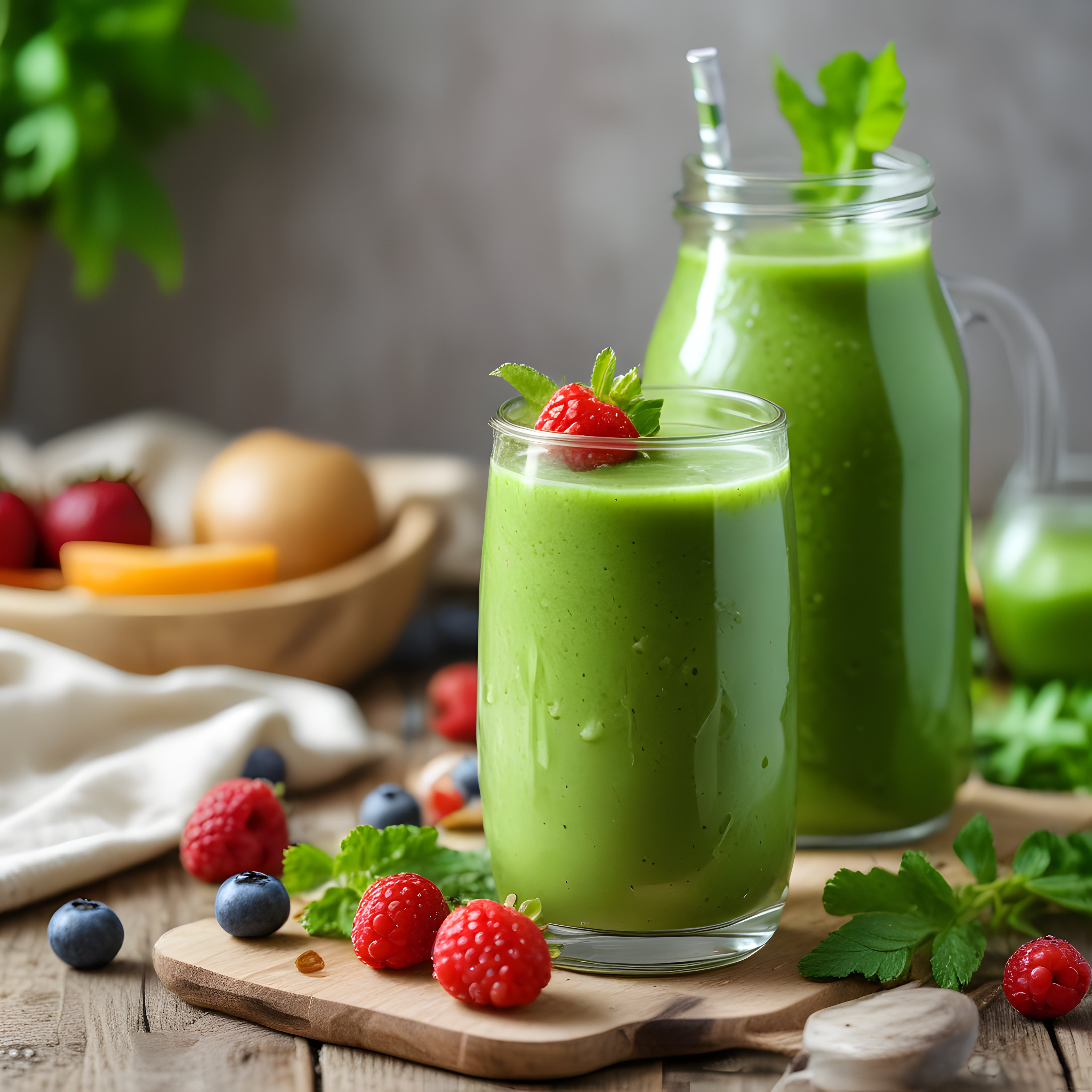Rustik Ahşap Masada Ispanaklı Yeşil Smoothie ve Renkli Orman Meyveleri