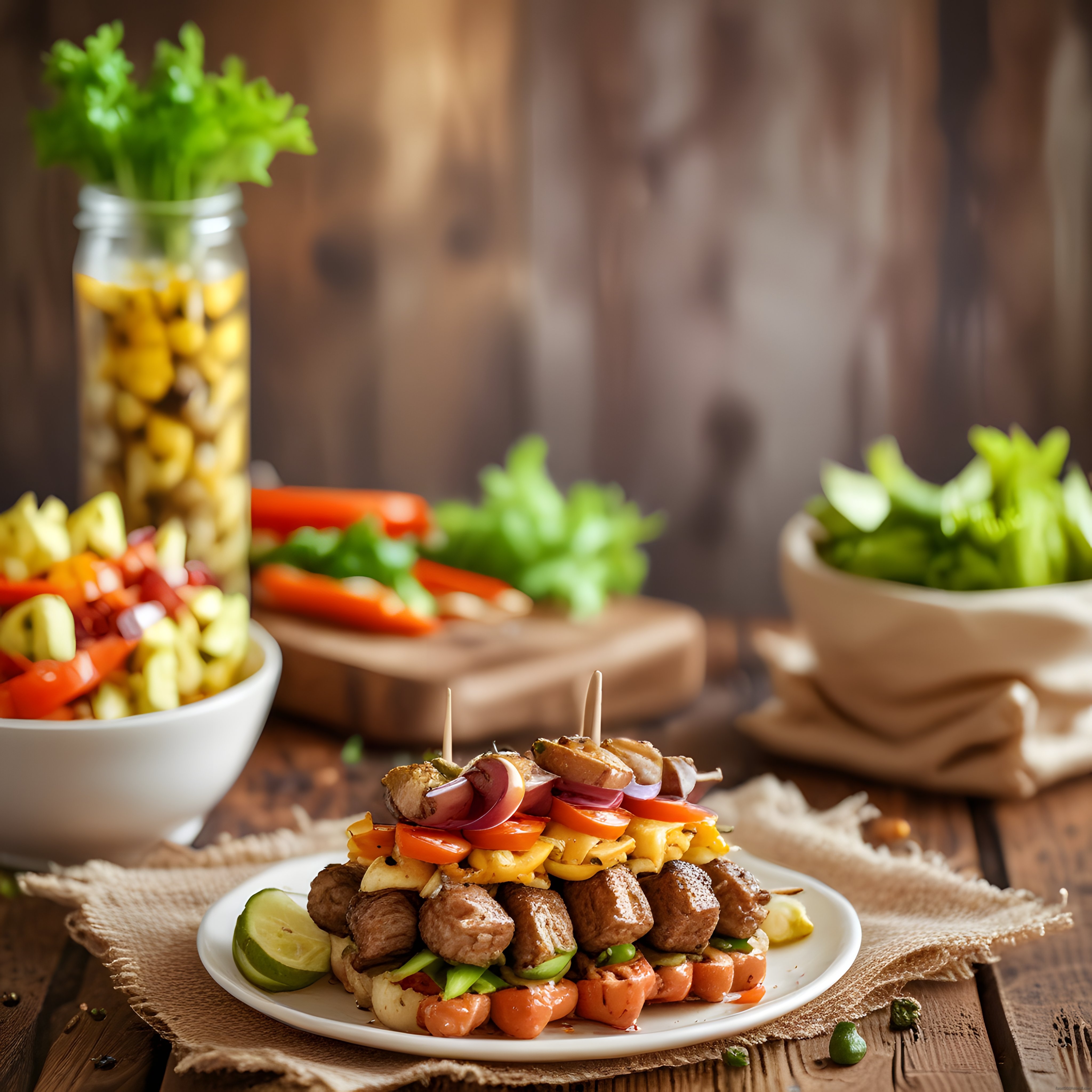 Rustik Ahşap Masada Izgara Et ve Renkli Sebzeli Şiş Kebap Tabak Görseli