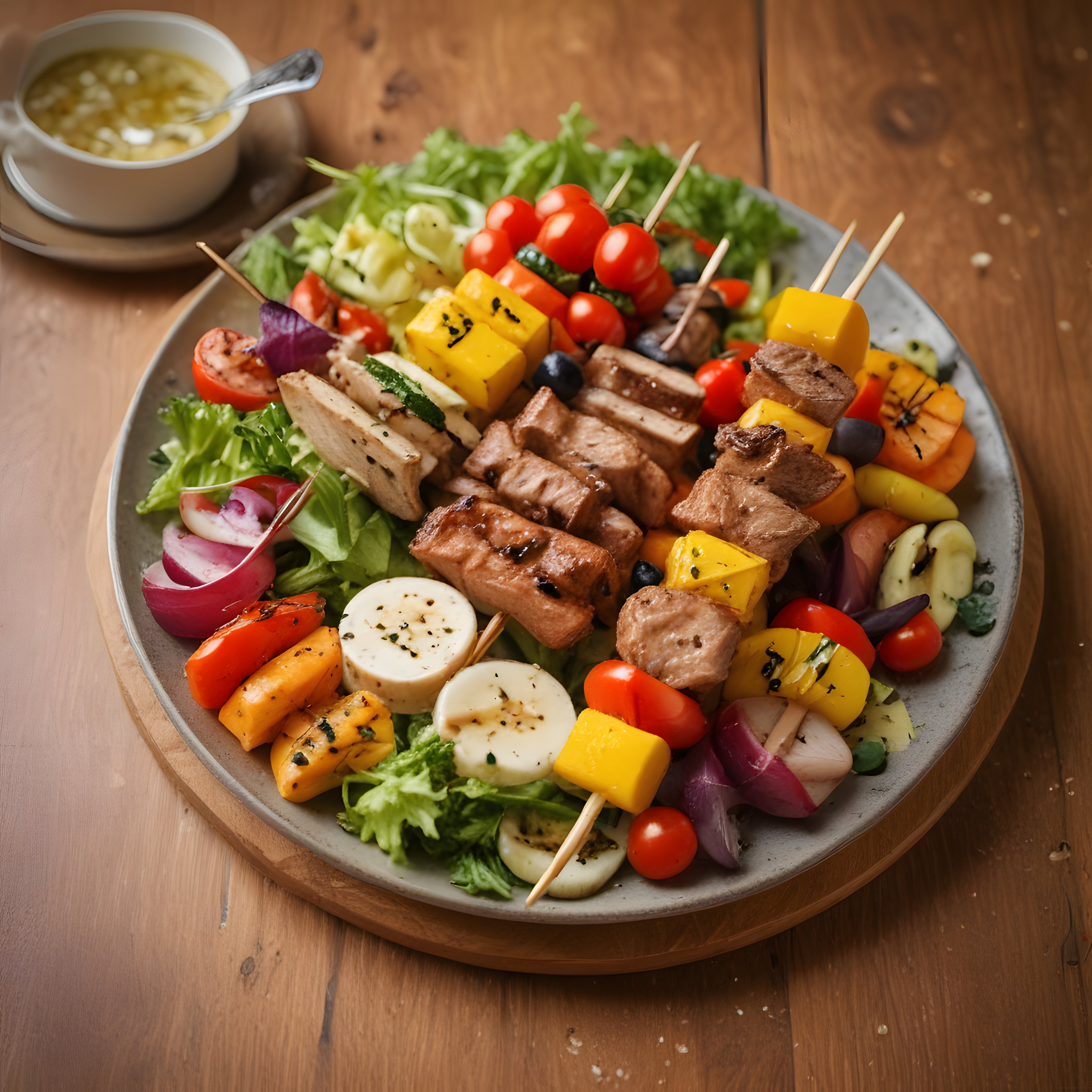 Rustik Ahşap Masada Izgara Et ve Sebze Şişli Renkli Salata Tabağı