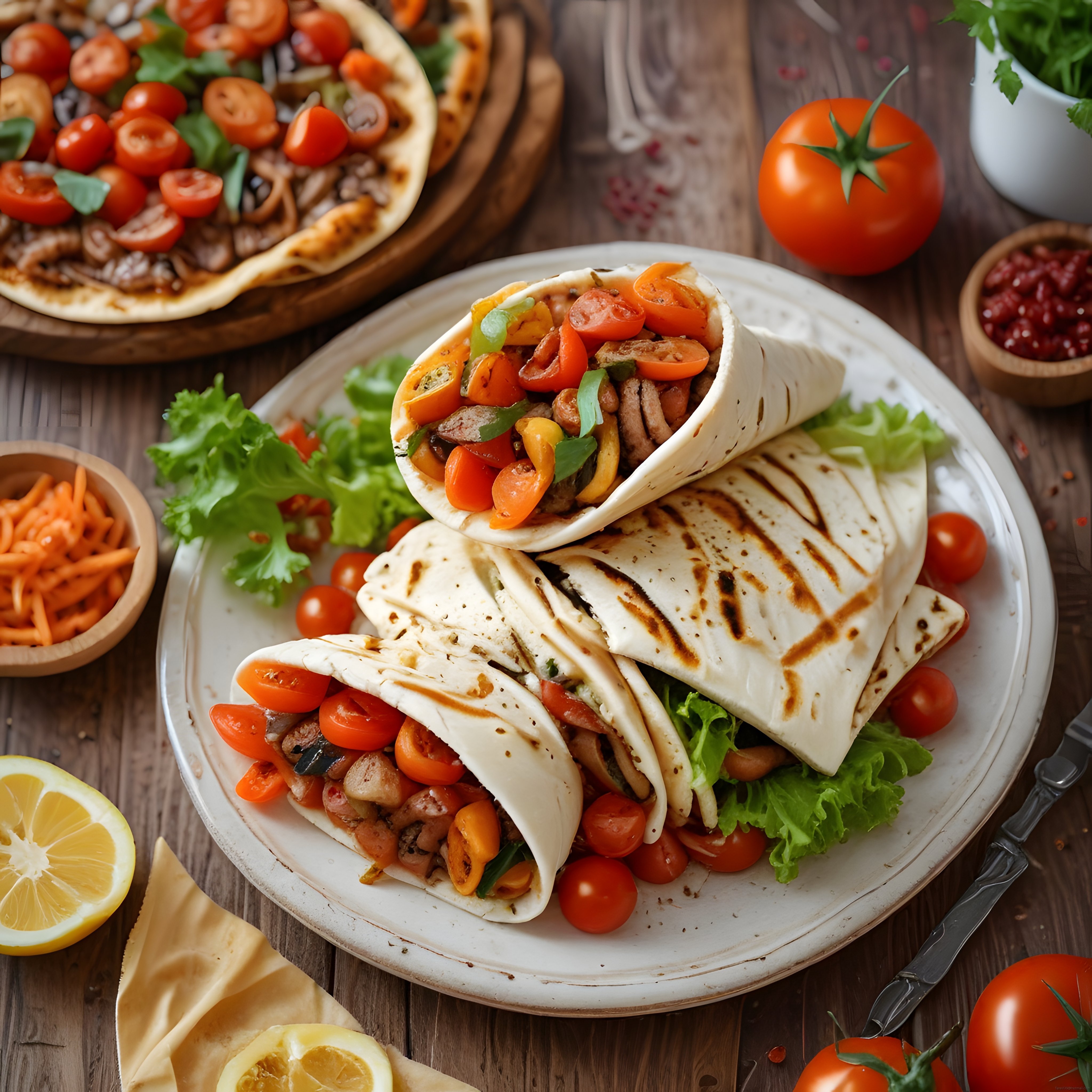 Rustik ahşap masada ızgara izli tavuk sebzeli dürüm ve taze salata sunumu