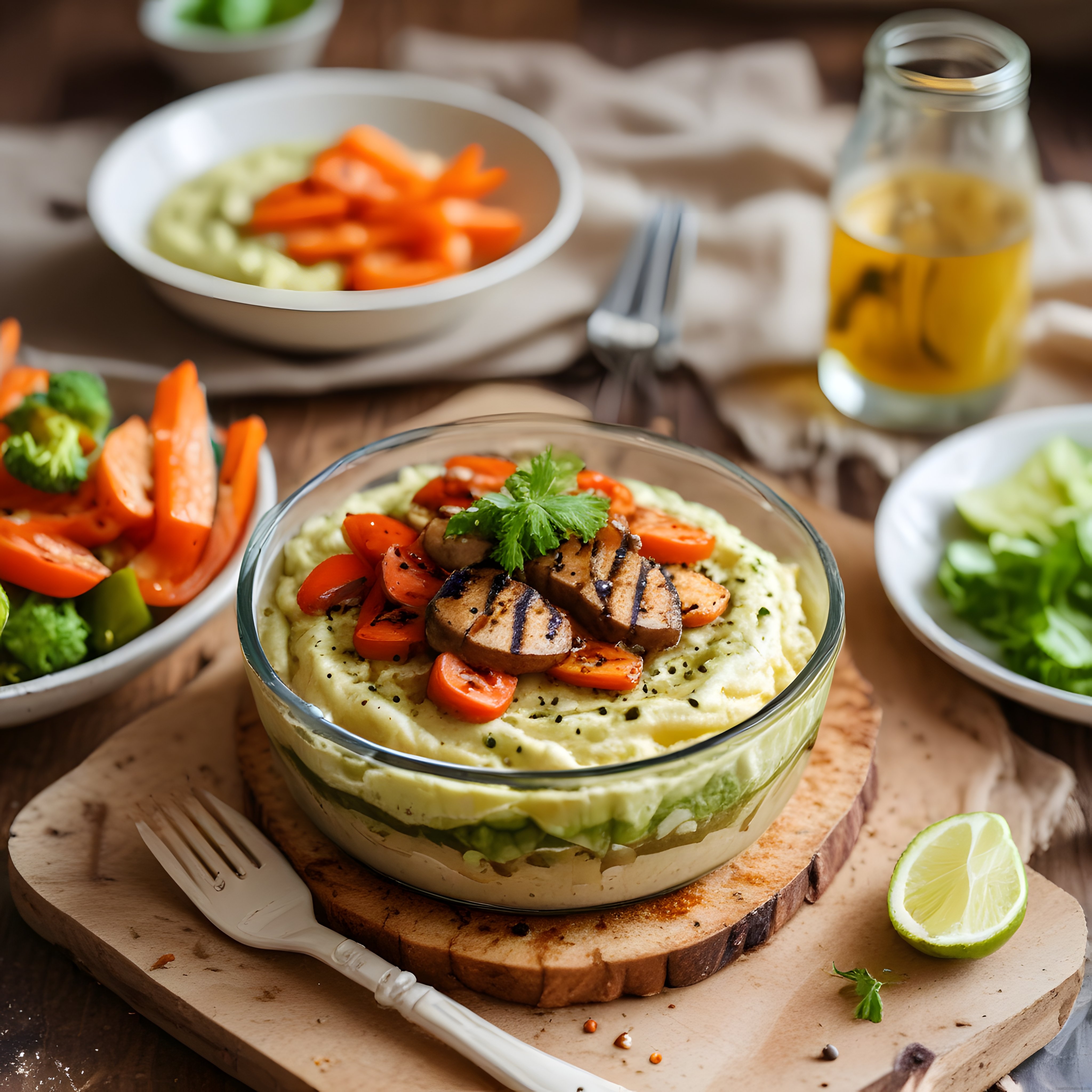 Rustik Ahşap Masada Izgara Mantarlı ve Taze Sebzelerle Hazırlanmış Vegan Kase