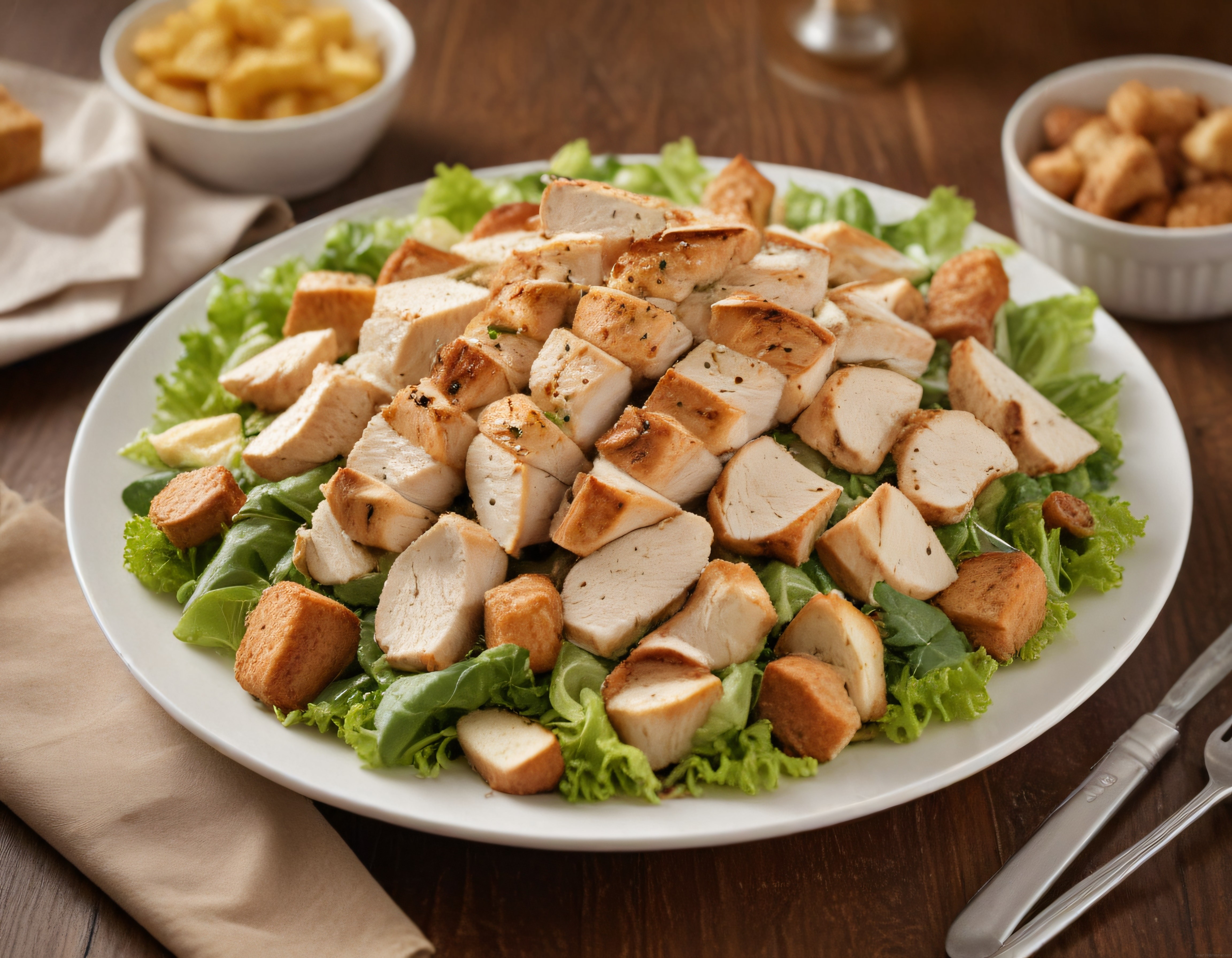 Rustik Ahşap Masada Izgara Tavuklu ve Kıtır Krutonlu Salata Sunumu
