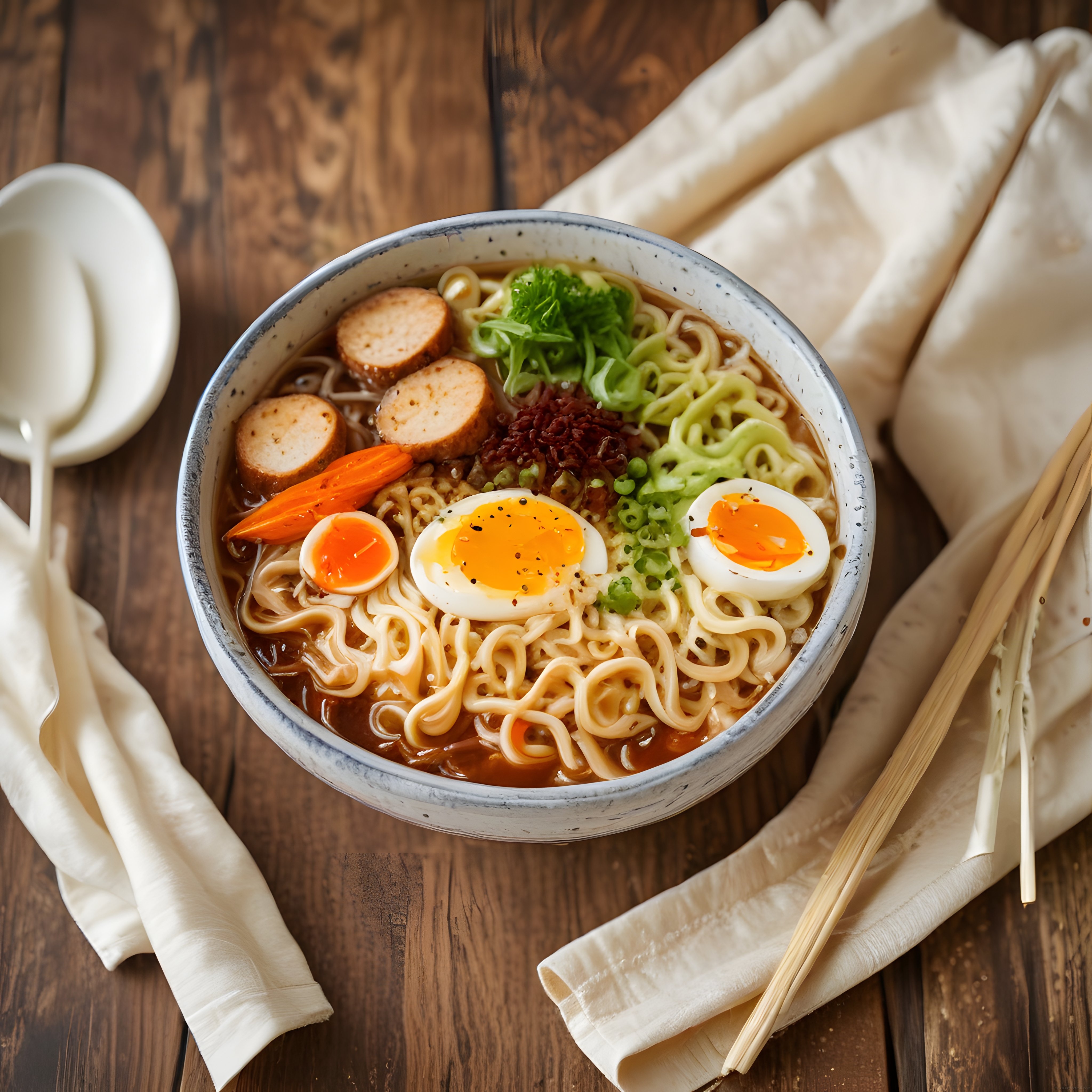 Rustik Ahşap Masada Japon Ramen Kasesi: Yumurtalı ve Sosisli Noodle Çorbası
