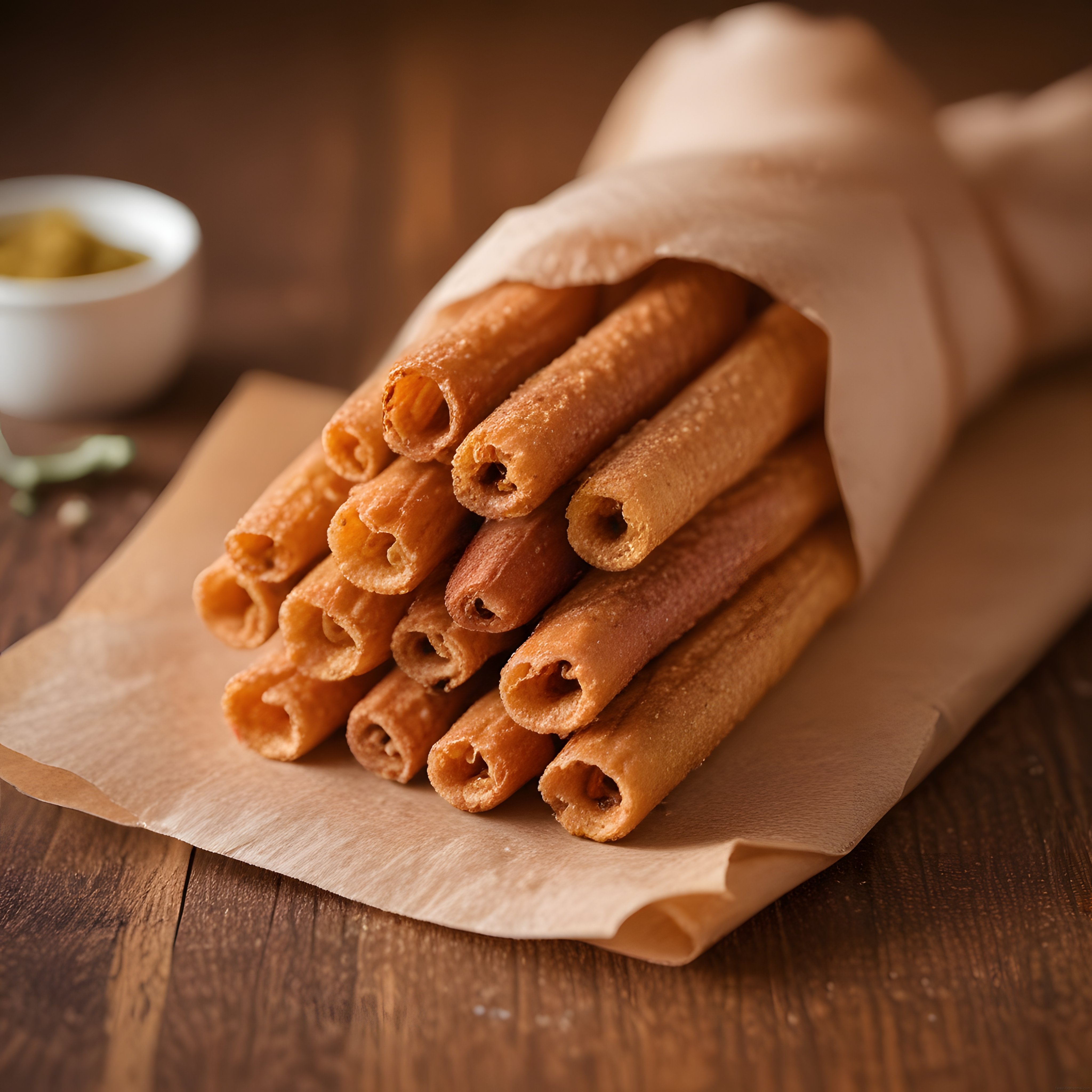 Rustik Ahşap Masada Kağıda Sarılı Çıtır Meksika Flautas ve Dip Sos