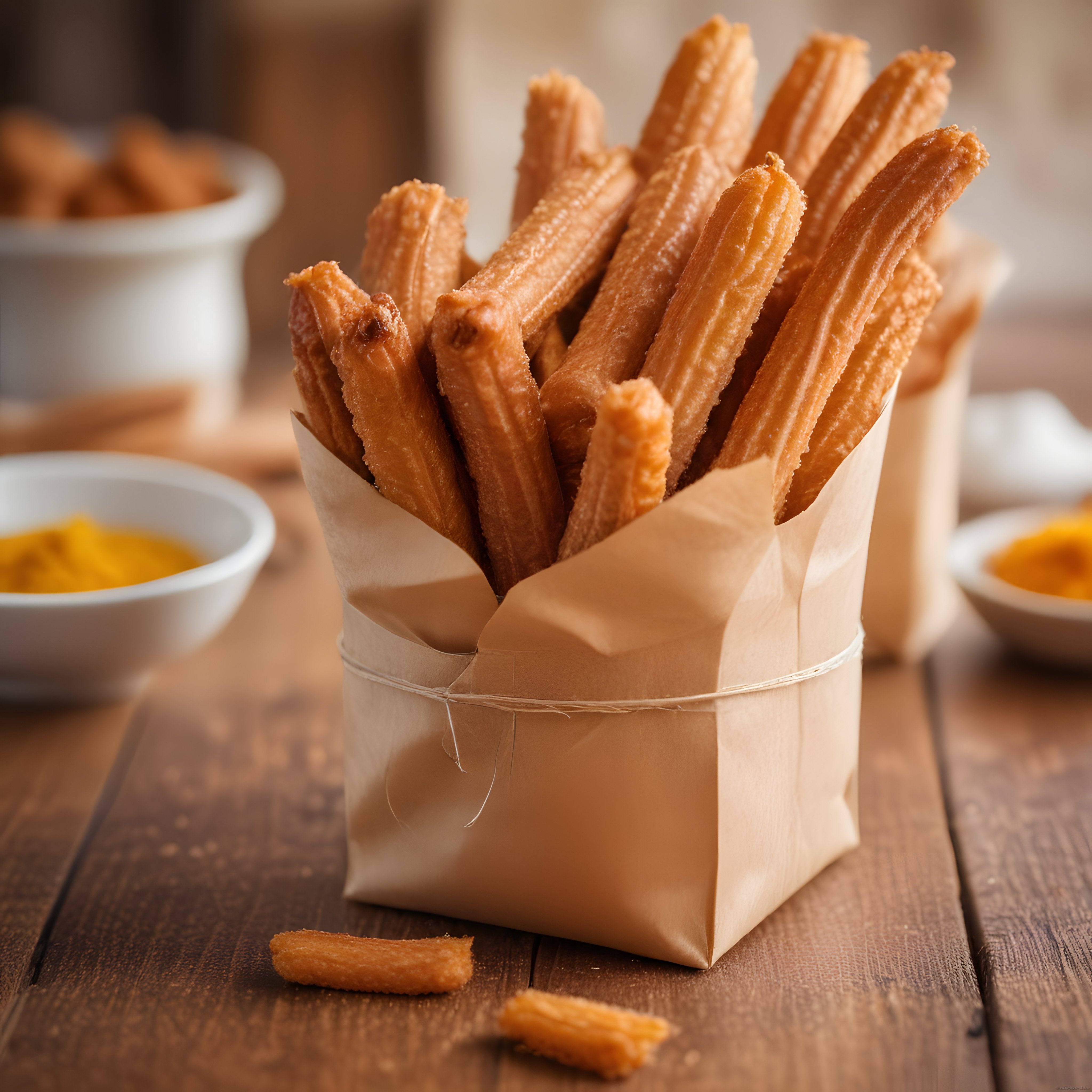 Rustik Ahşap Masada Kağıt Kutuda Servis Edilmiş Çıtır Churros Tatlısı