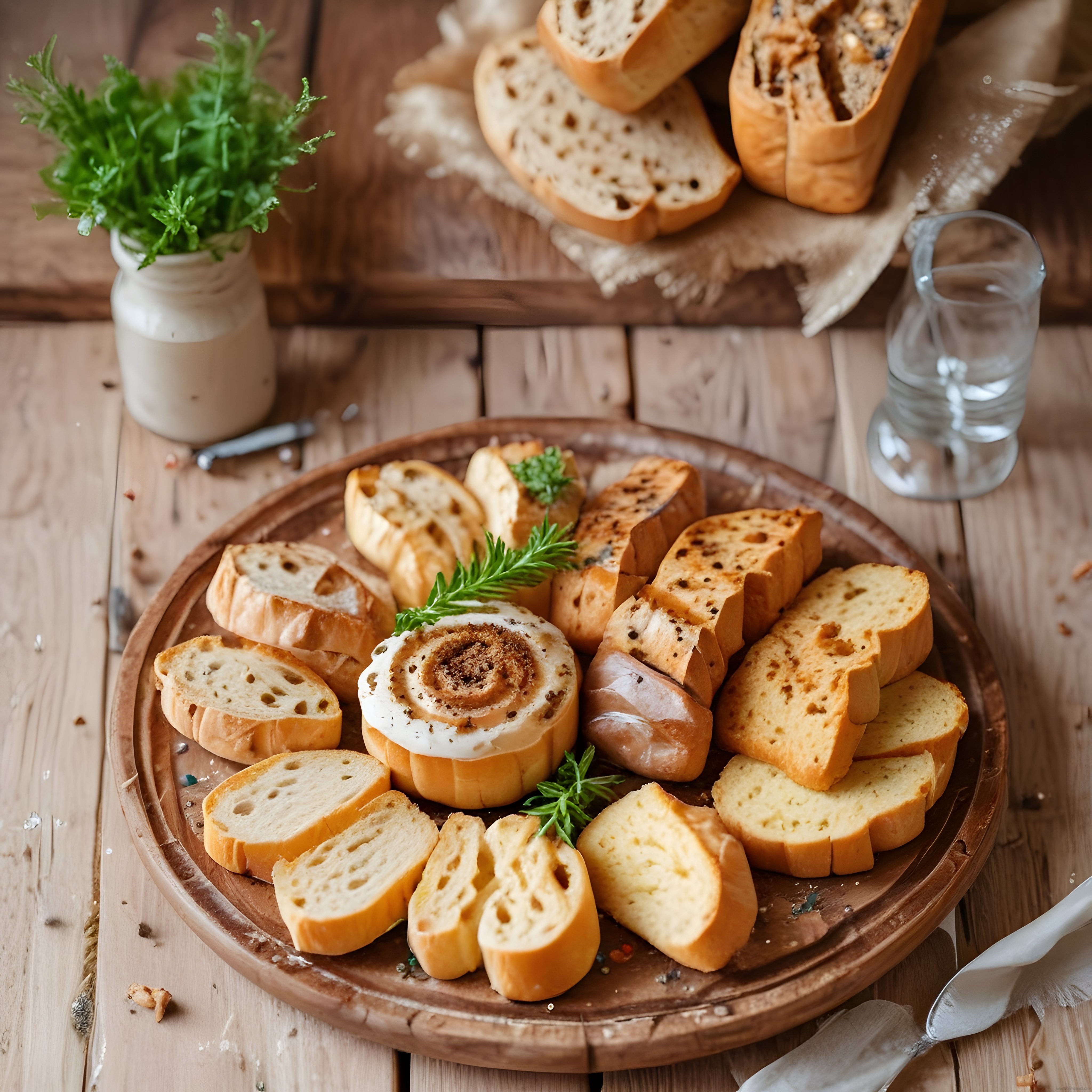 Rustik Ahşap Masada Kahvaltılık Ekmek Tabağı ve Ev Yapımı Rulo Börek Sunumu