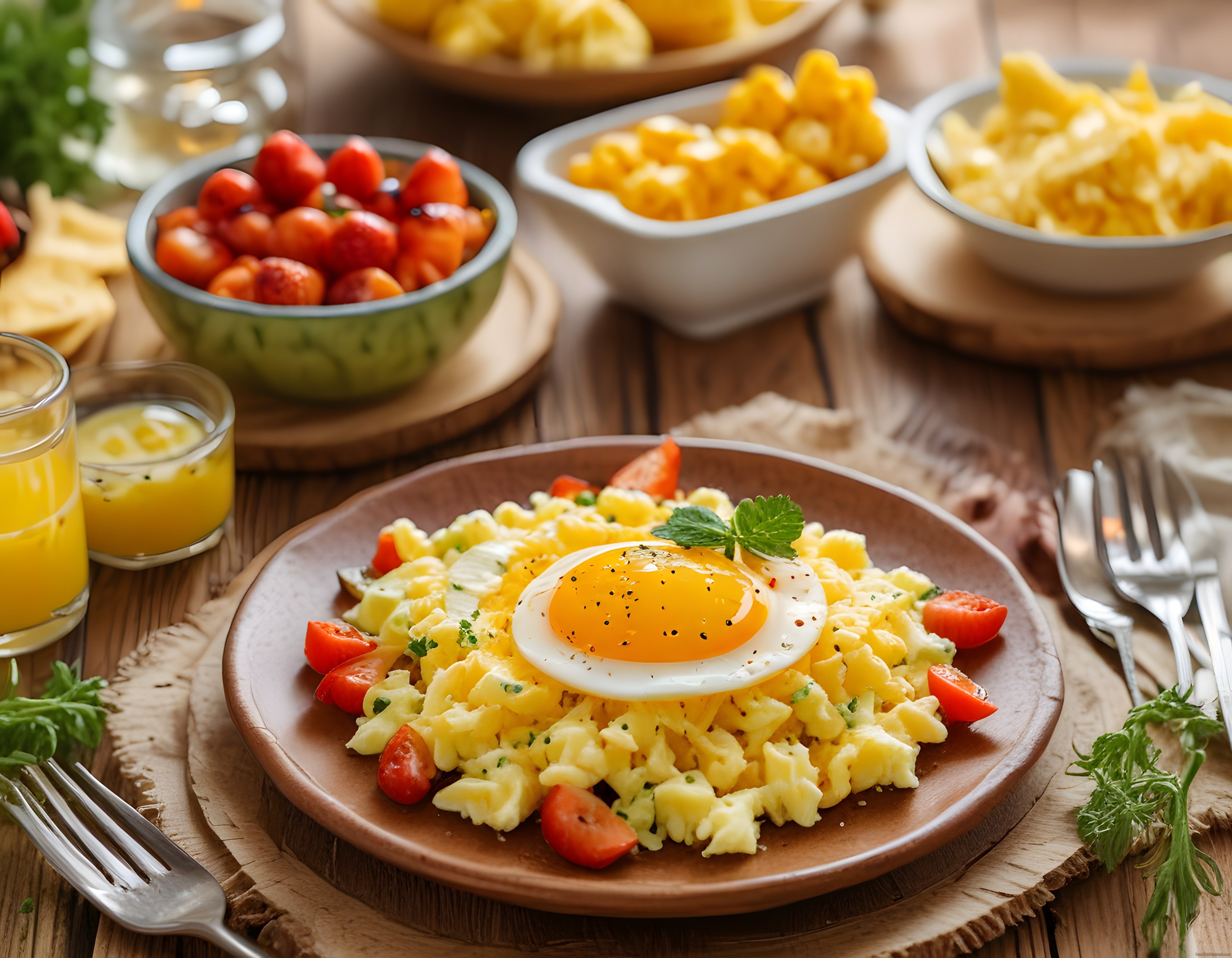 Rustik Ahşap Masada Kahvaltılık Makarna ve Yumurta ile Renkli Serpme