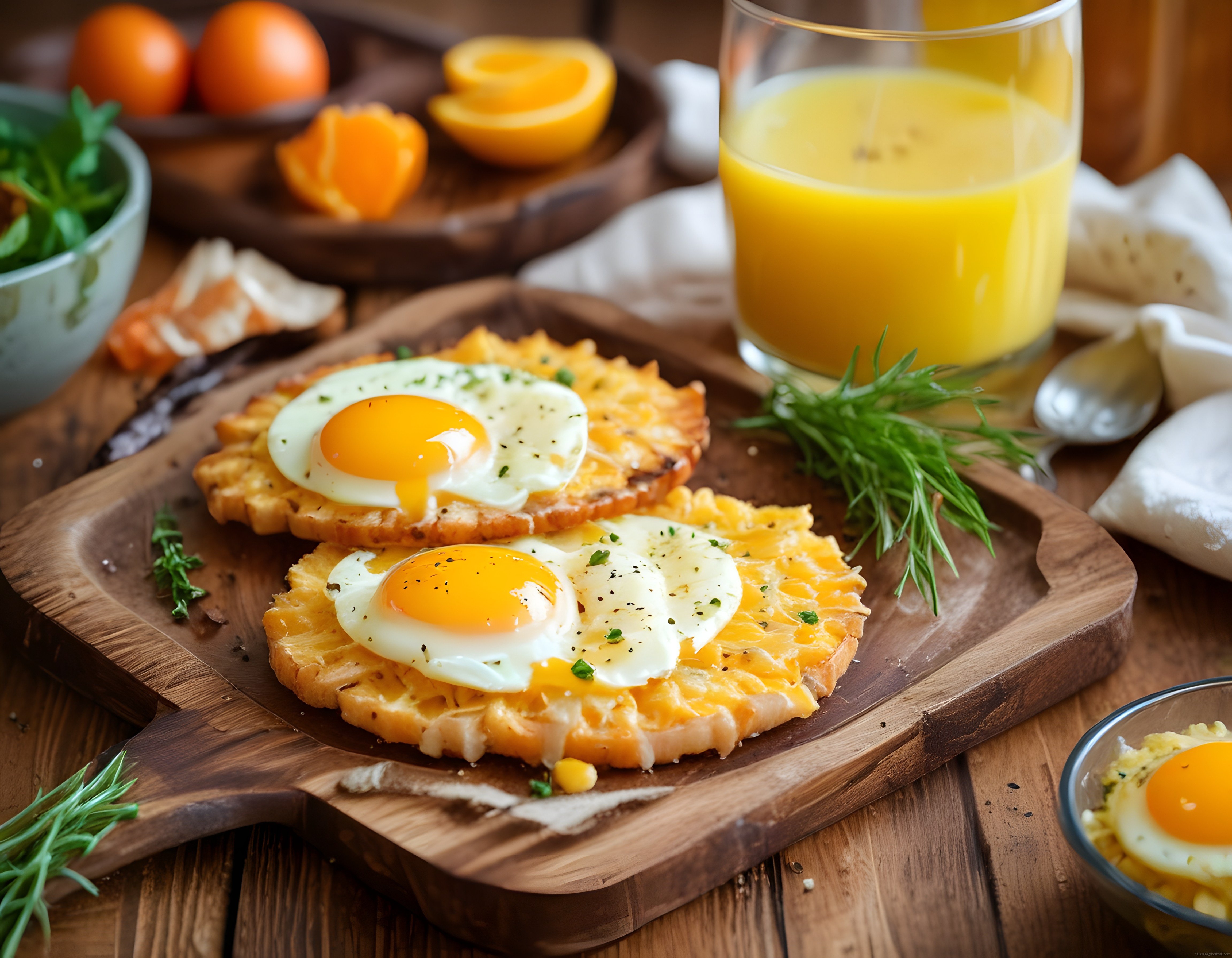 Rustik Ahşap Masada Kahvaltılık Peynirli Yumurtalı Ekmek ve Portakal Suyu