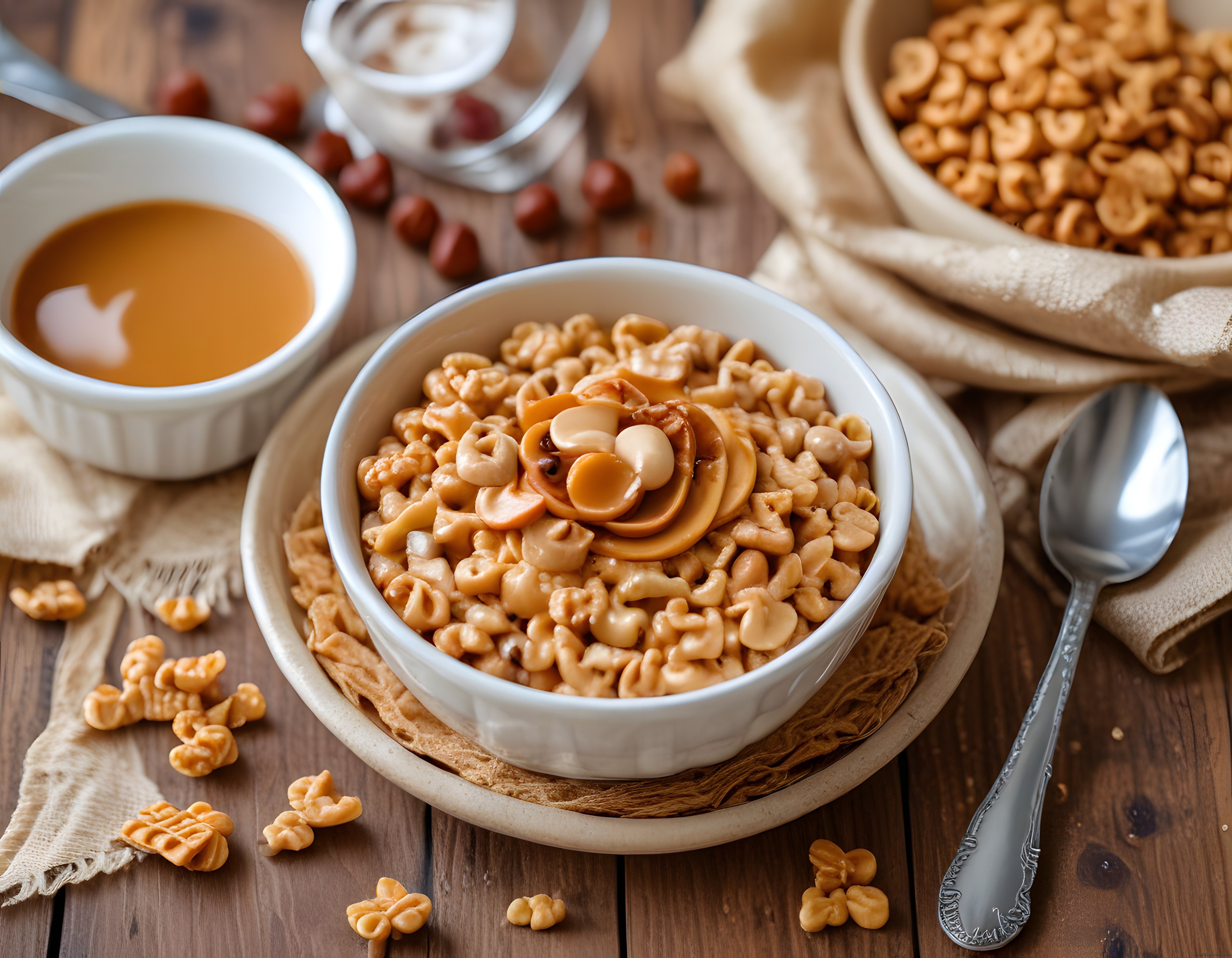 Rustik ahşap masada karamel soslu fındıklı kahvaltılık gevrek ve kahve